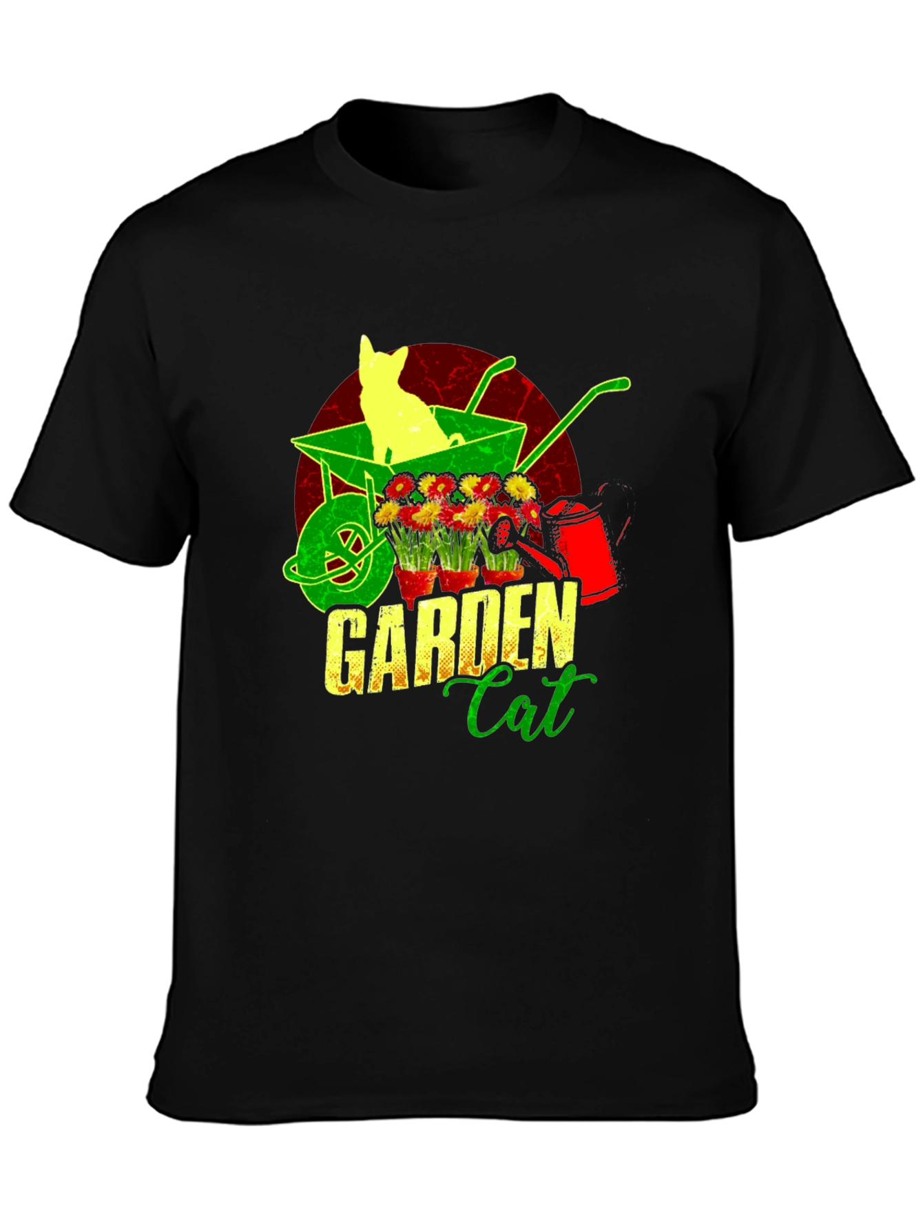 Garden Cat T-Shirt - Wheelbarrow & Flower Design