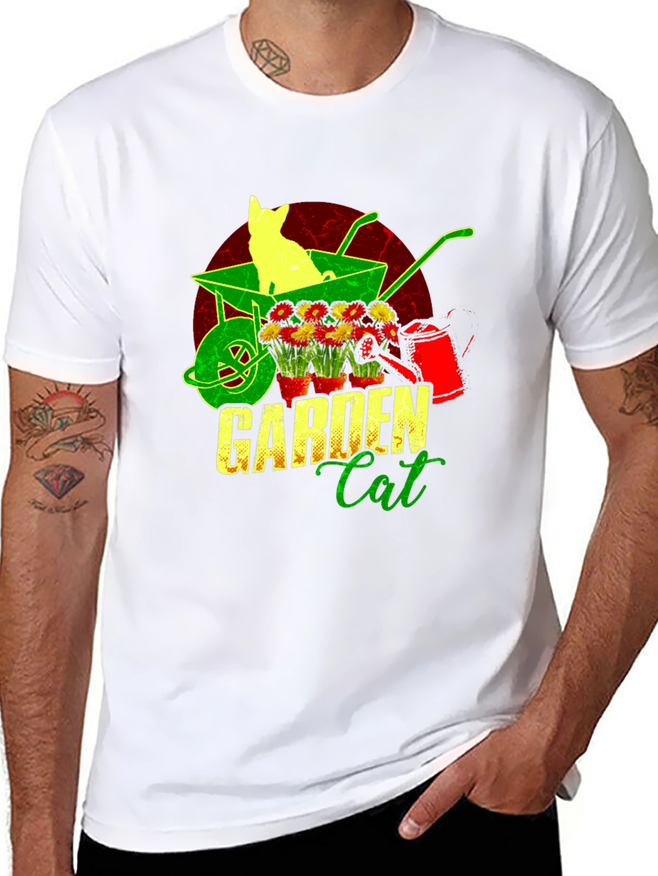 Garden Cat T-Shirt - Wheelbarrow & Flower Design