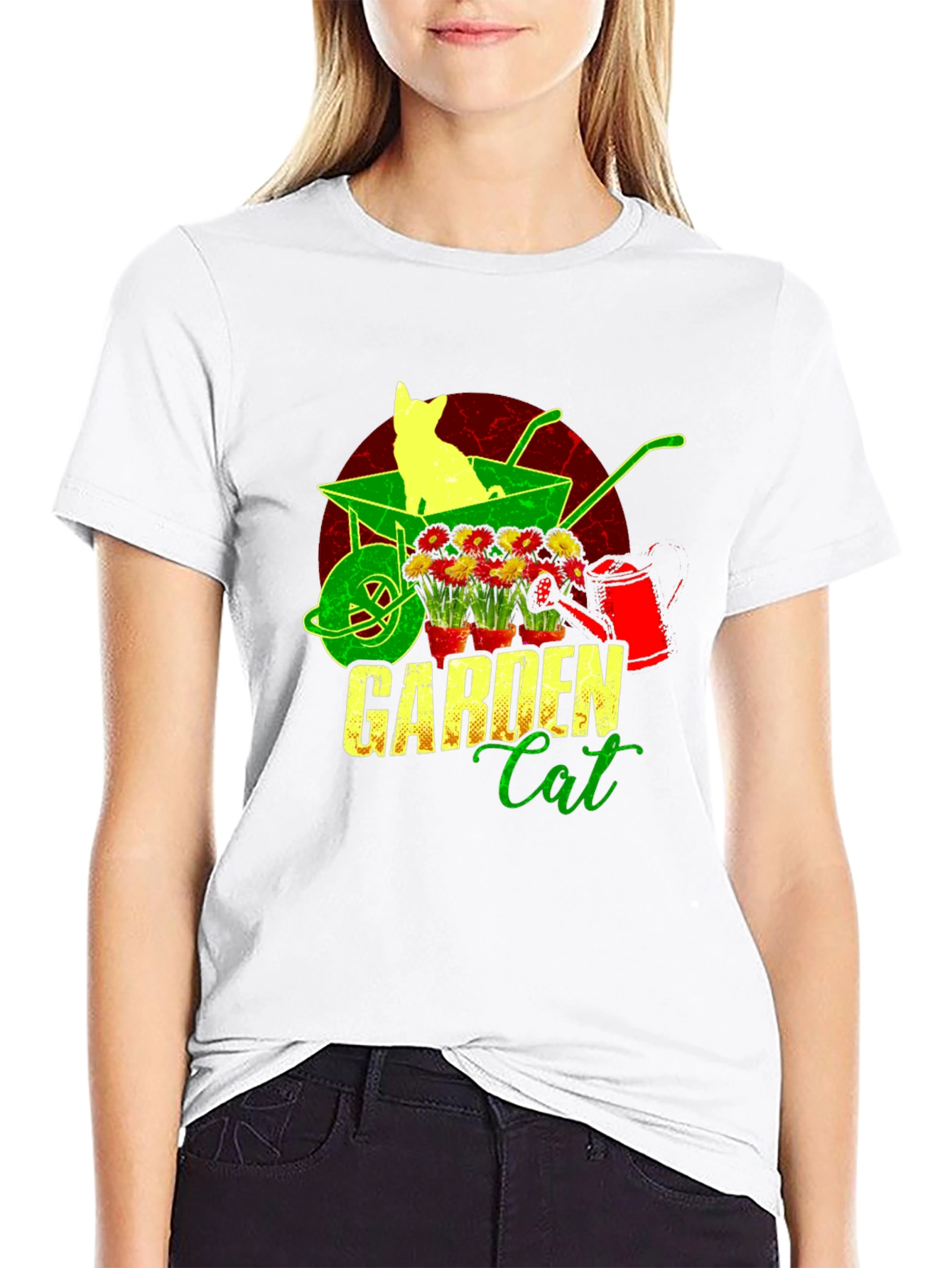 Garden Cat T-Shirt - Wheelbarrow & Flower Design