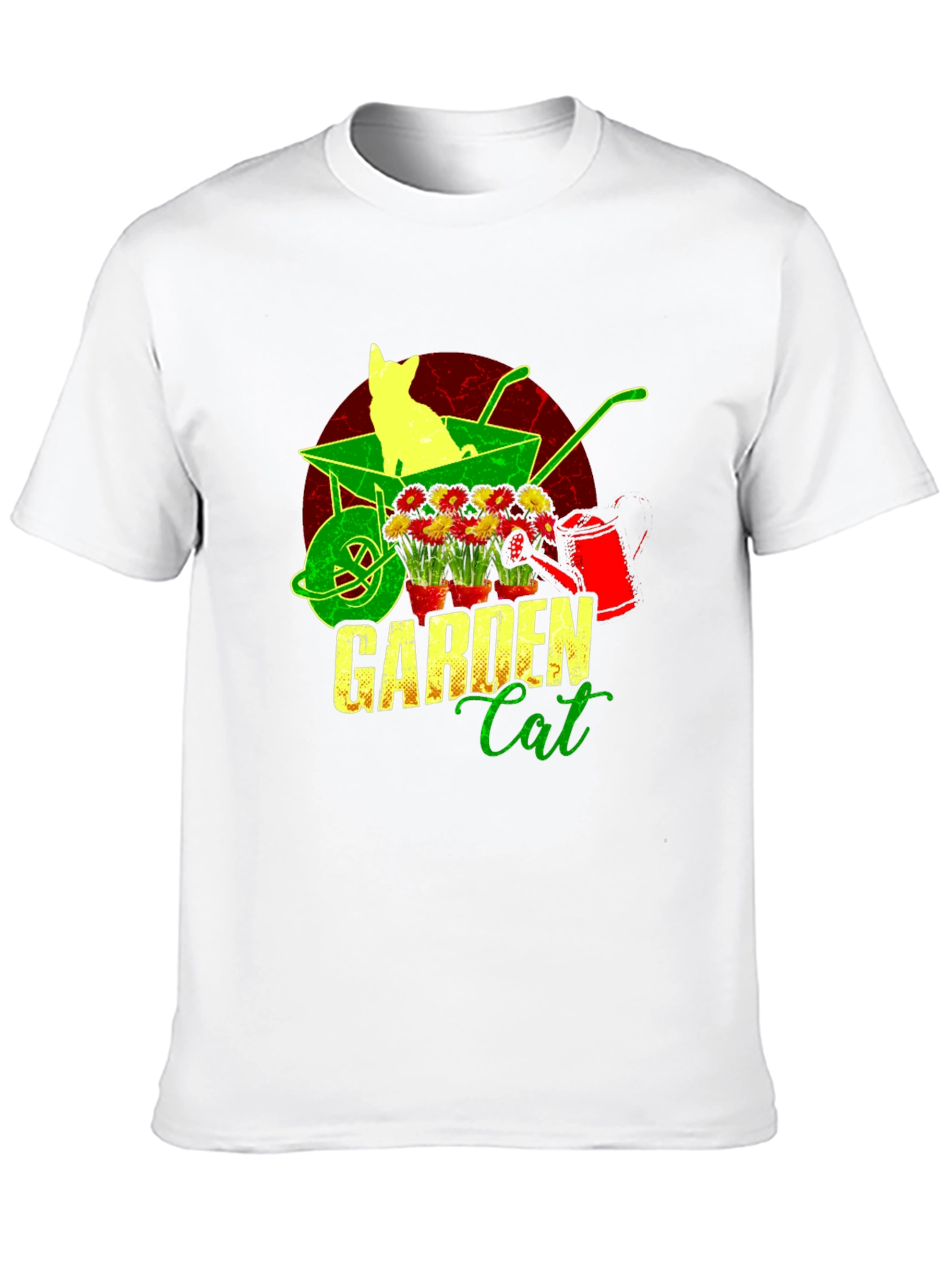 Garden Cat T-Shirt - Wheelbarrow & Flower Design
