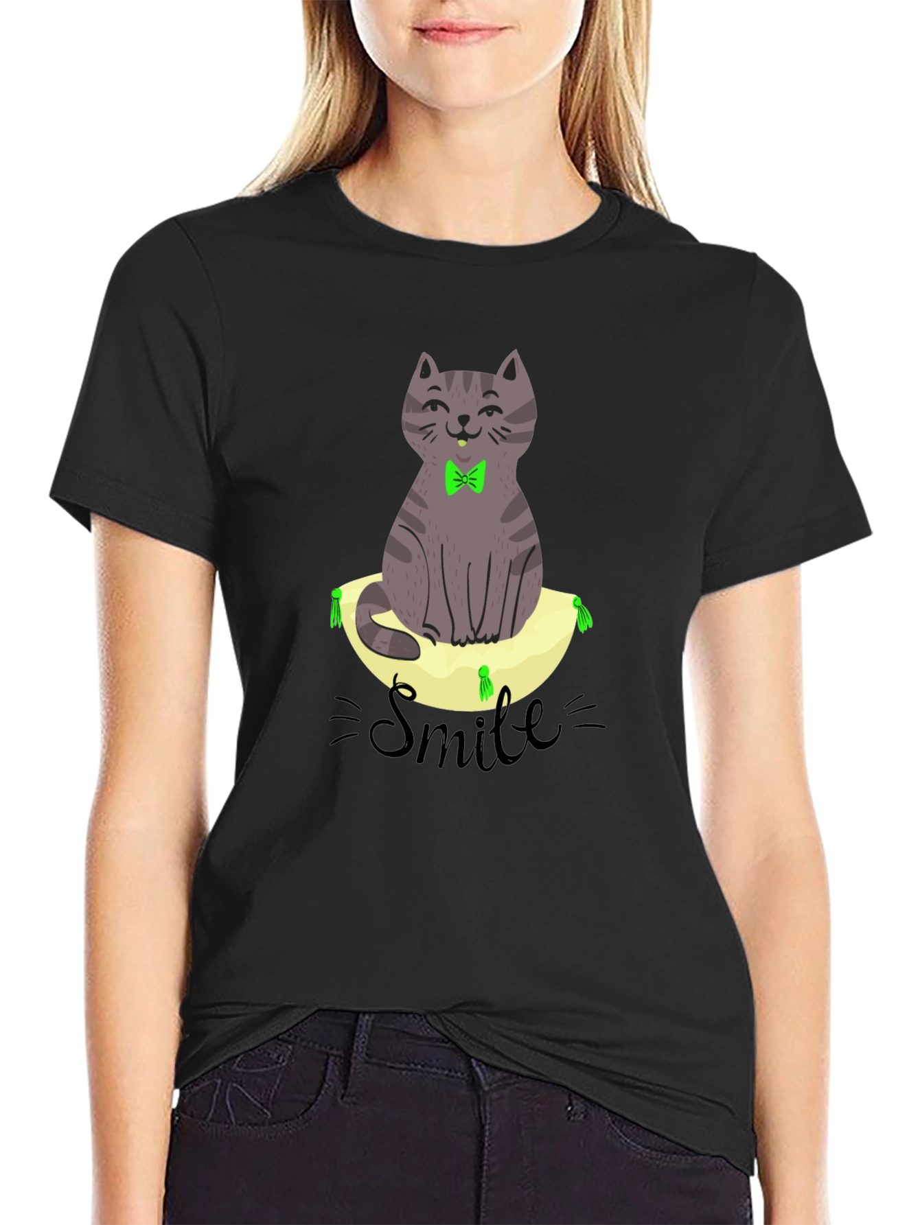 Smiling Cat on Pillow T-Shirt - Black