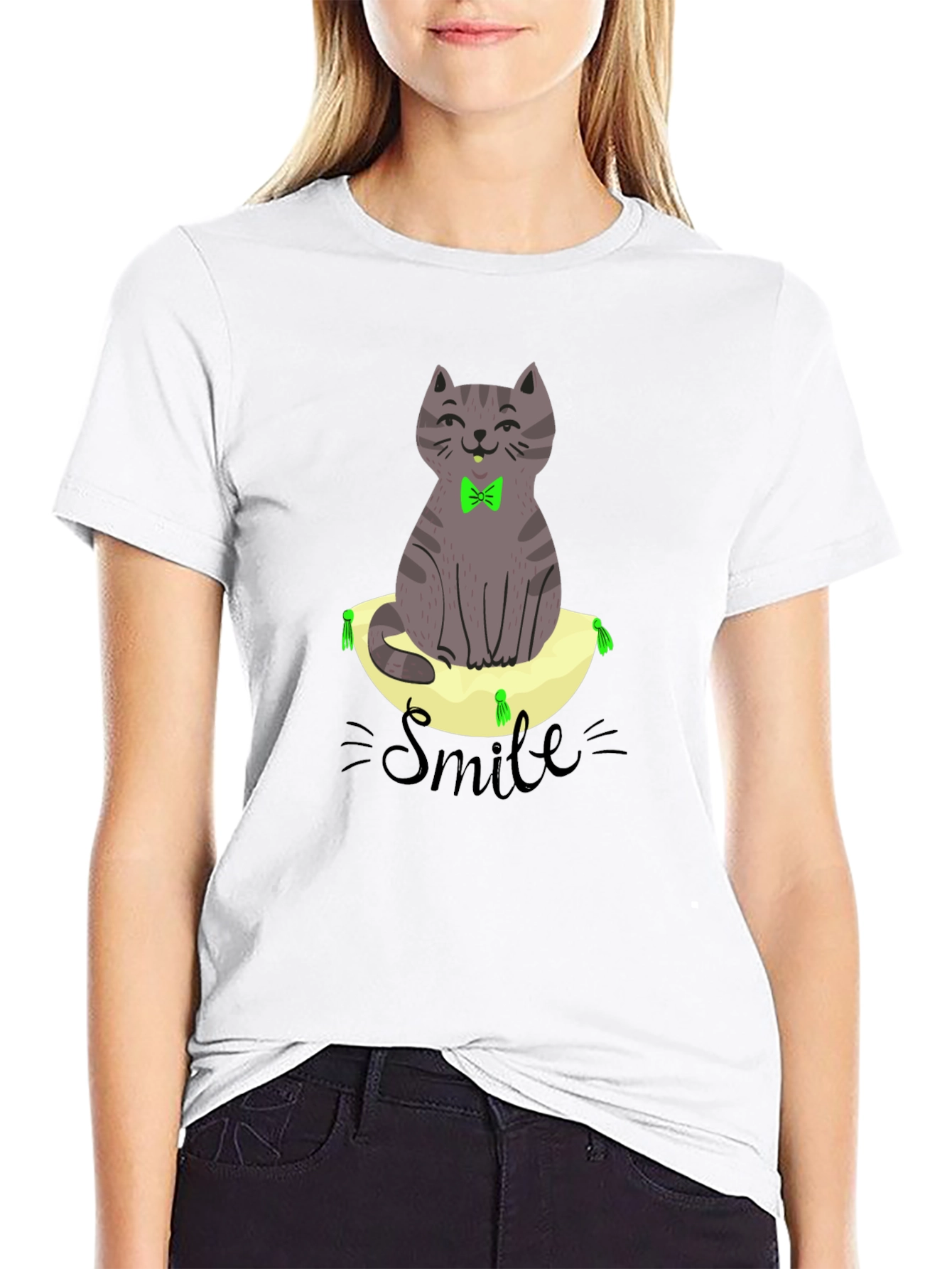 Smiling Cat on Pillow T-Shirt - Black