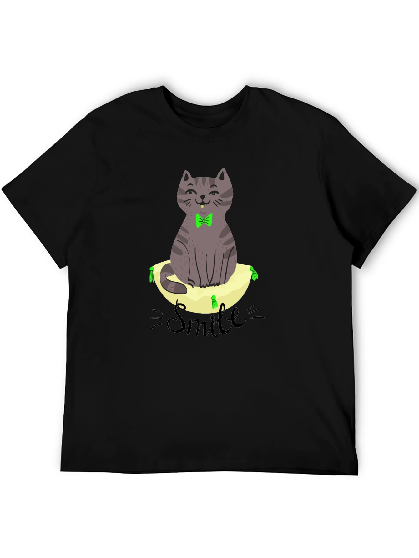 Smiling Cat on Pillow T-Shirt - Black