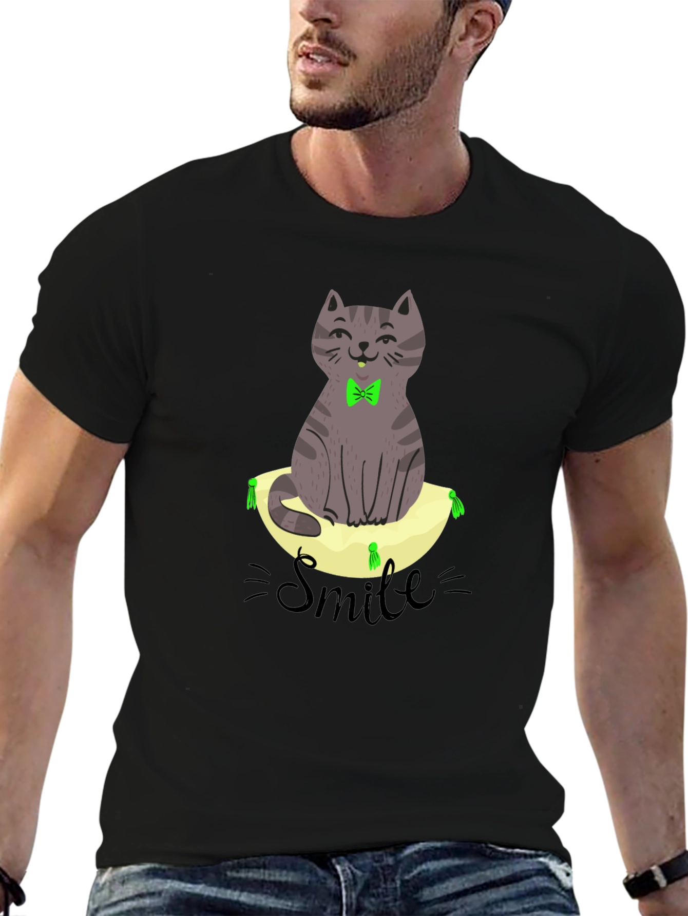 Smiling Cat on Pillow T-Shirt - Black