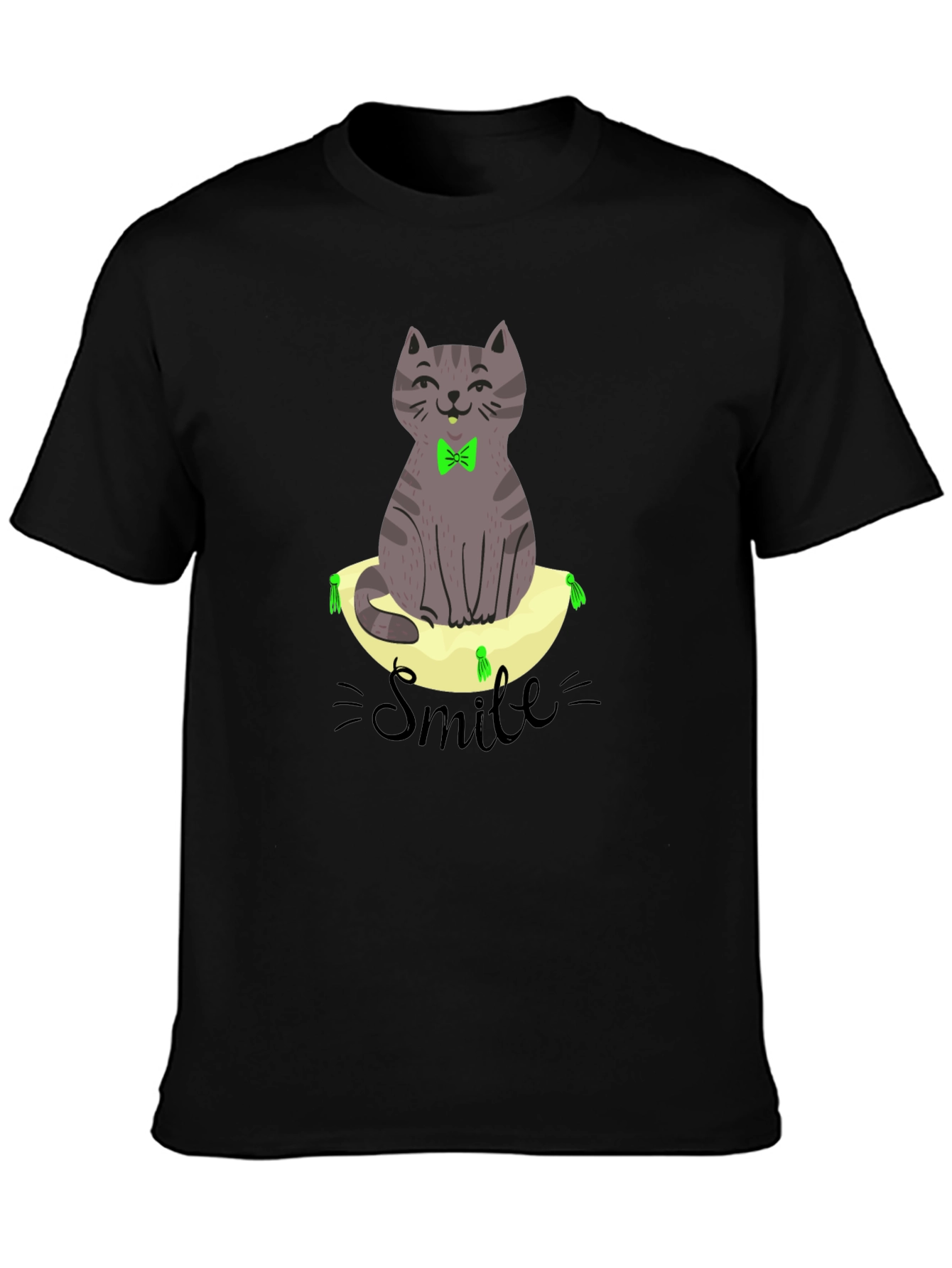 Smiling Cat on Pillow T-Shirt - Black