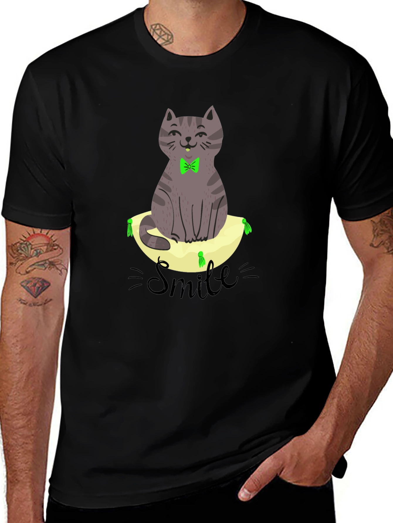 Smiling Cat on Pillow T-Shirt - Black