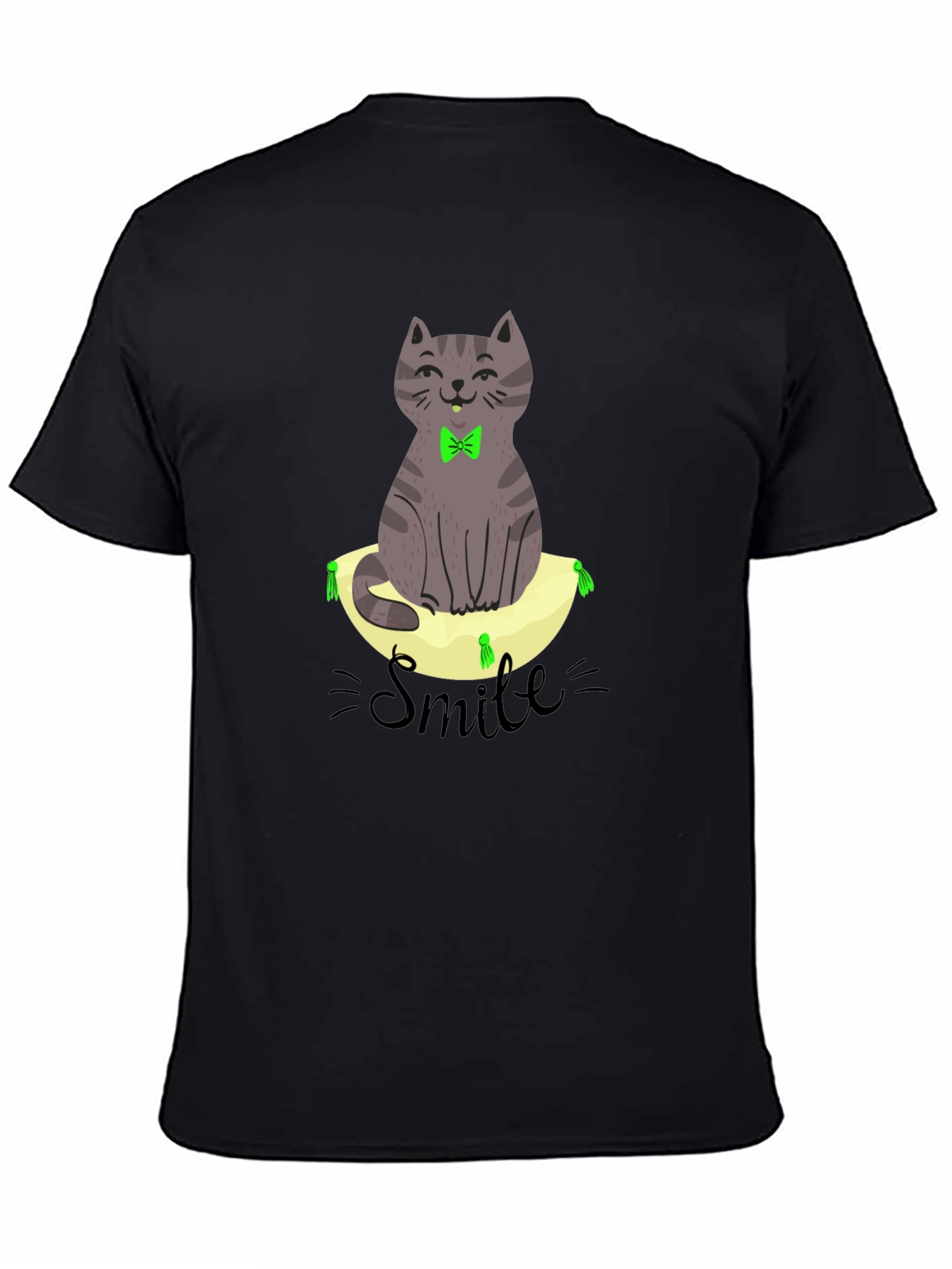 Smiling Cat on Pillow T-Shirt - Black