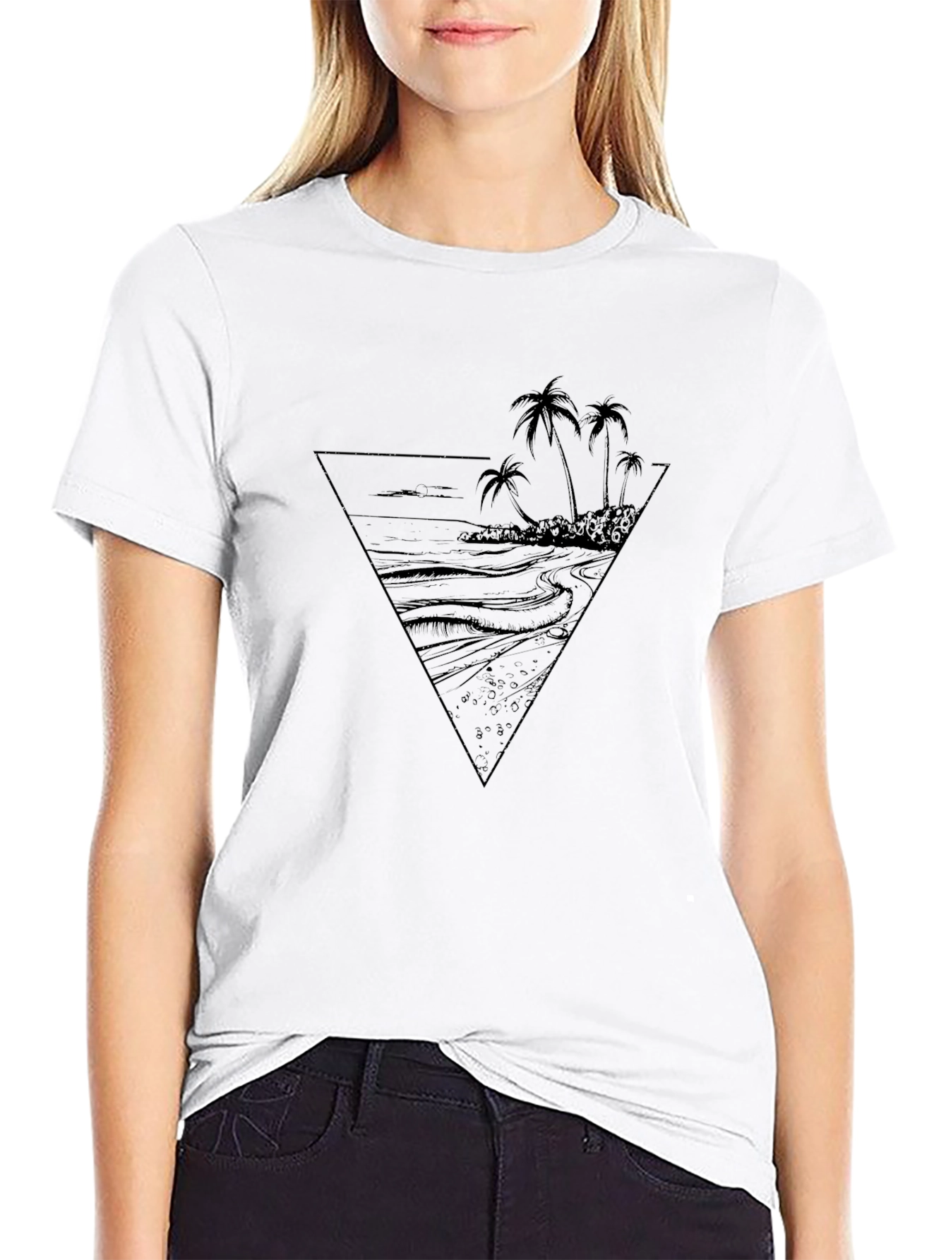 Black T-Shirt with Tropical Beach Graphic