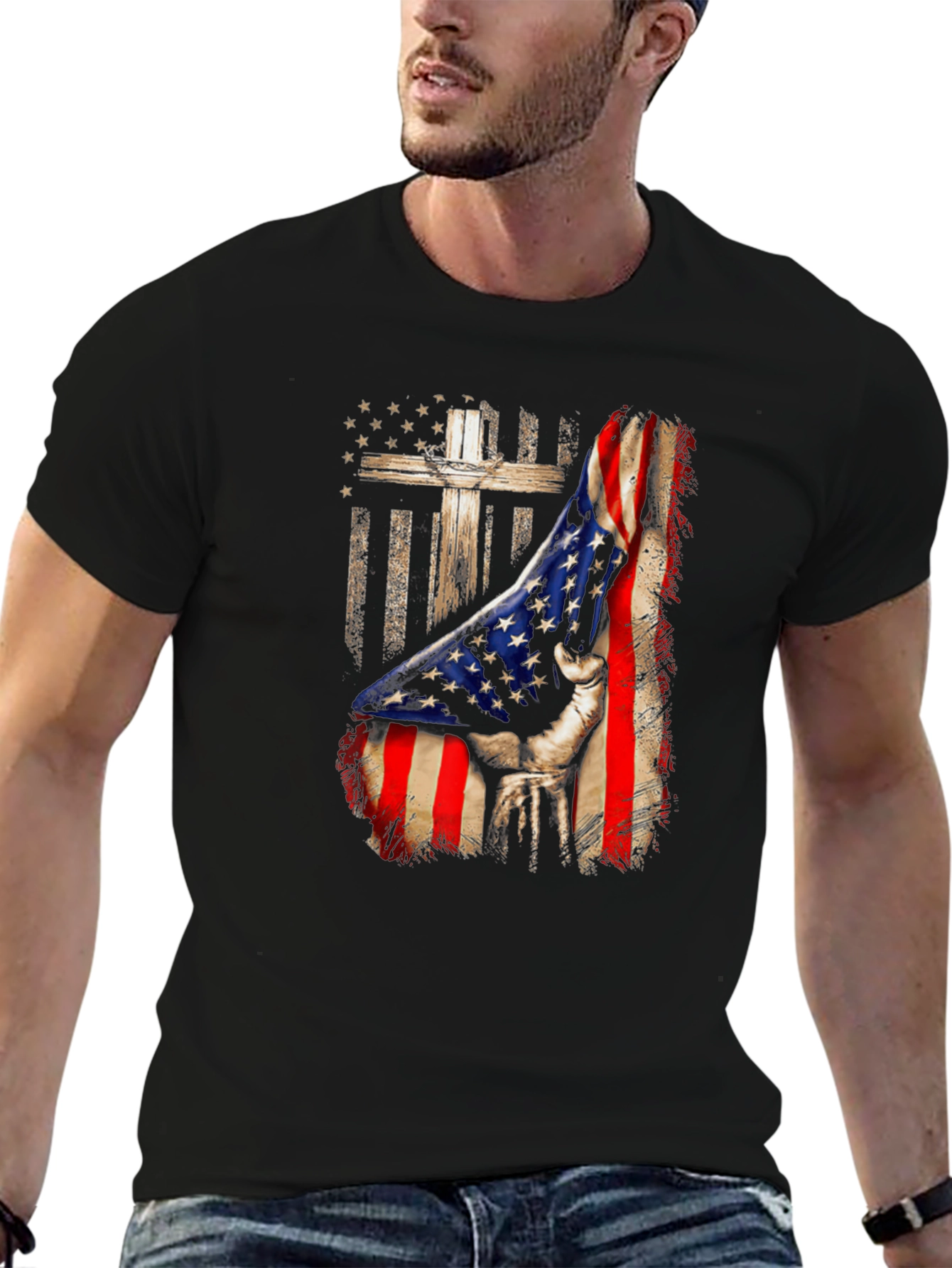 Patriotic Cross & Flag Graphic Tee - Mens
