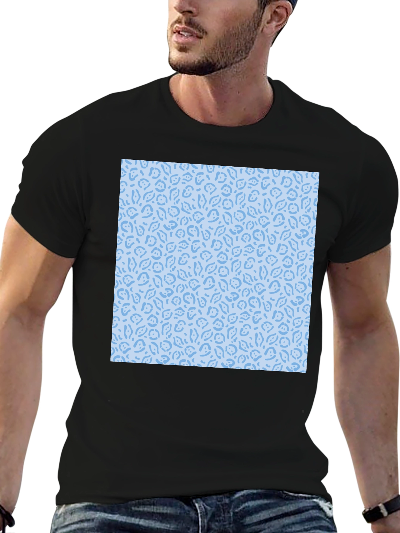 Stylish Black T-Shirt with Light Blue Pattern Design
