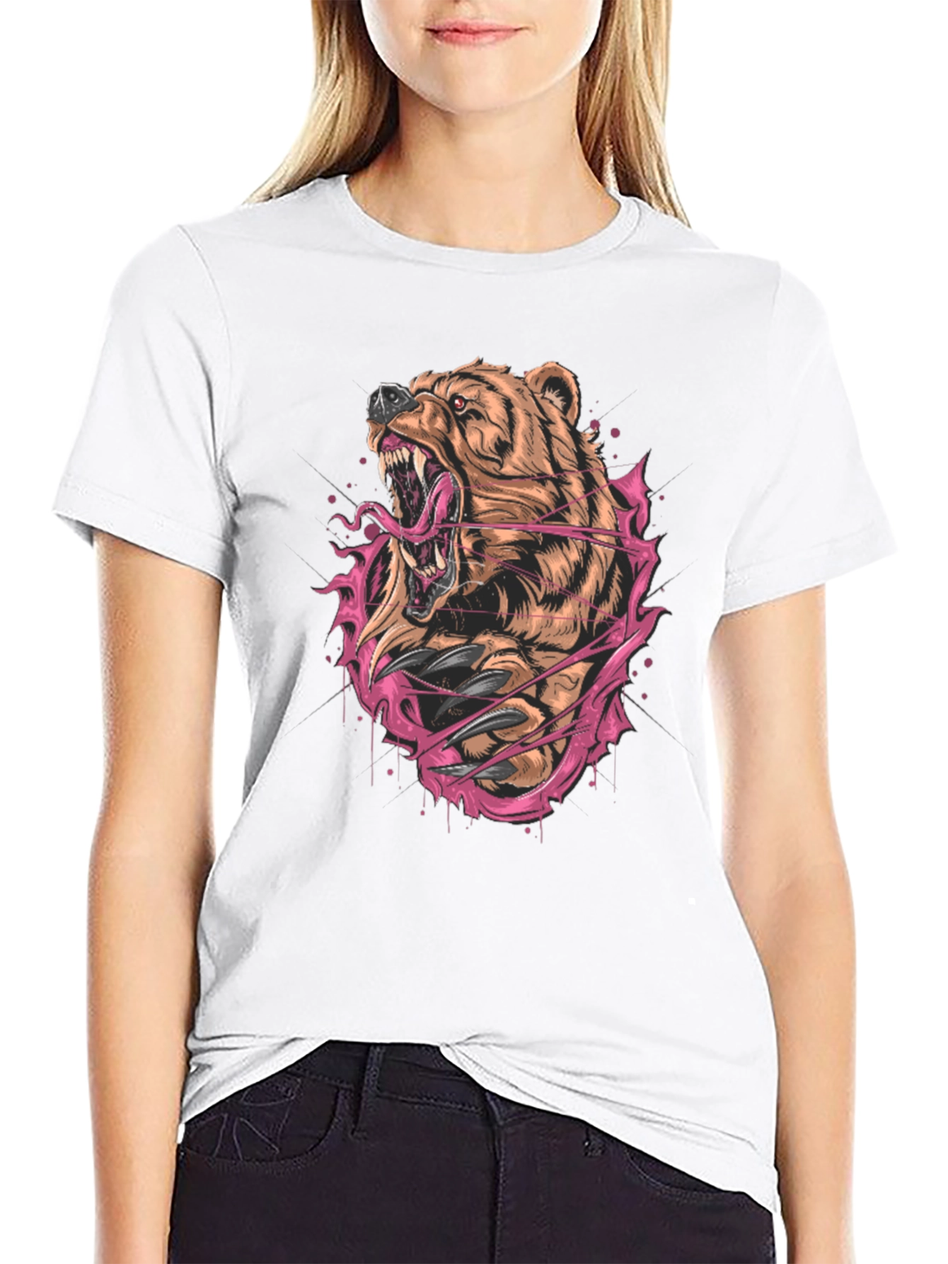 Bear Graphic Print Black T-Shirt