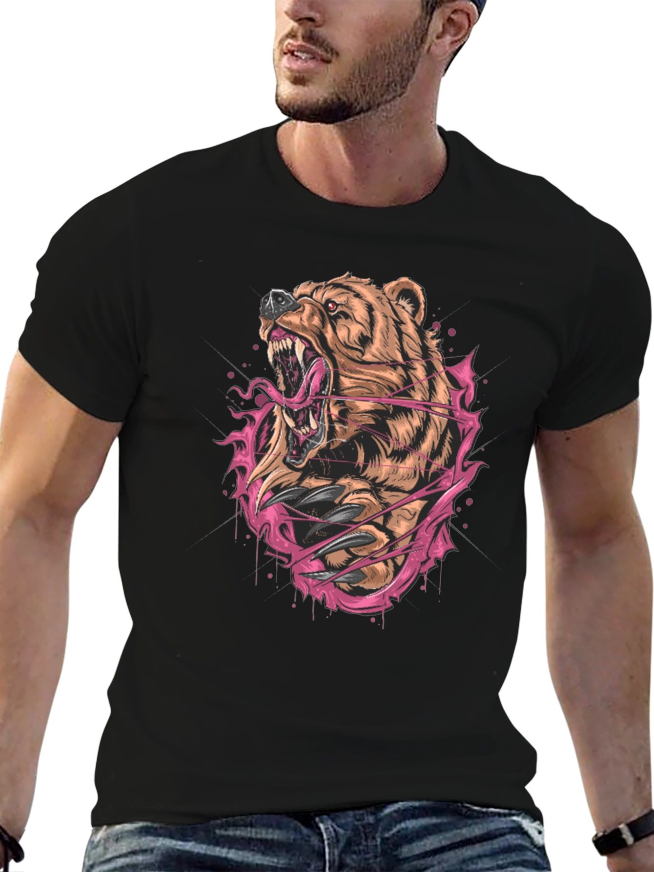 Bear Graphic Print Black T-Shirt
