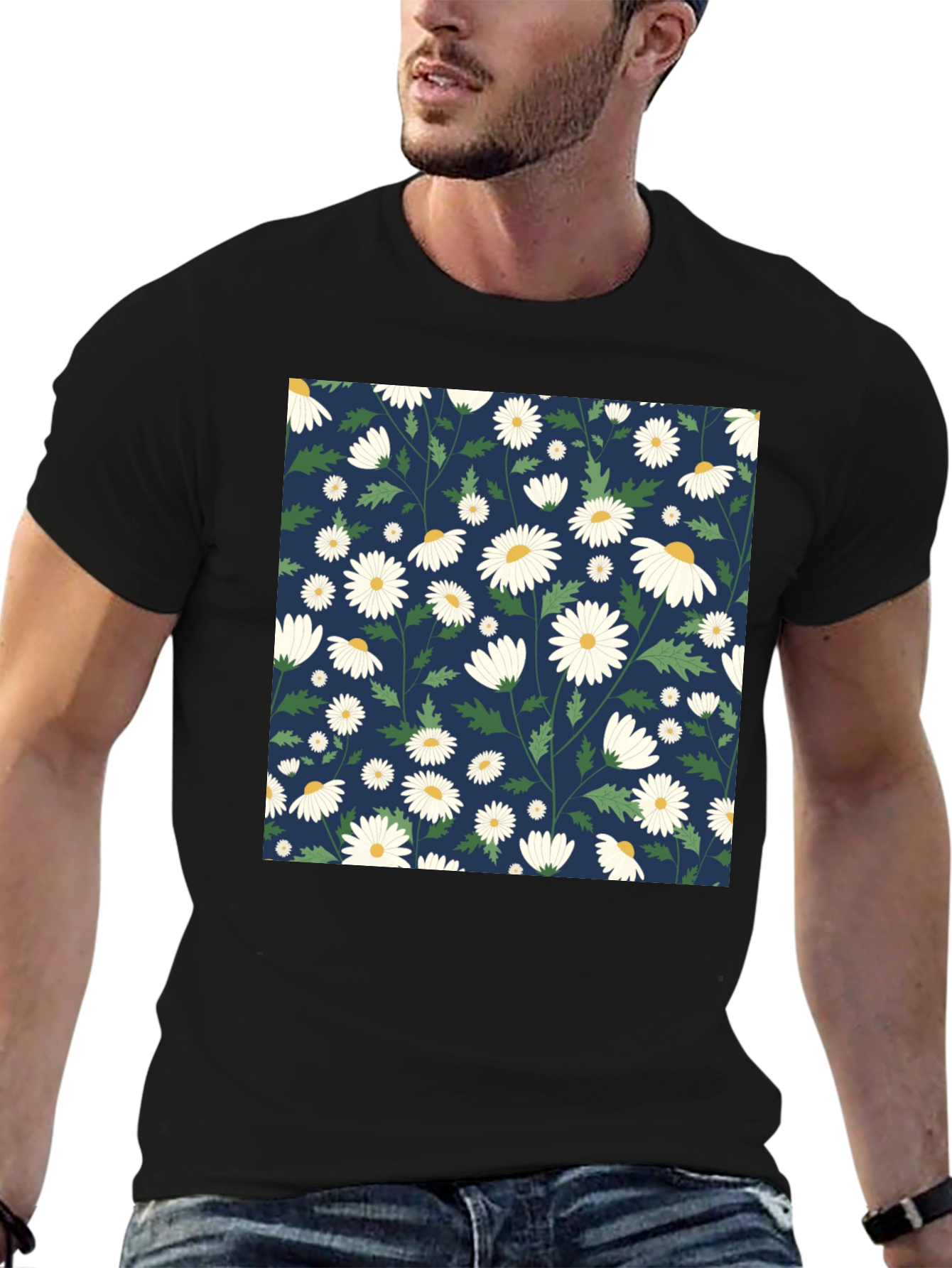 Daisy Pattern Black T-Shirt