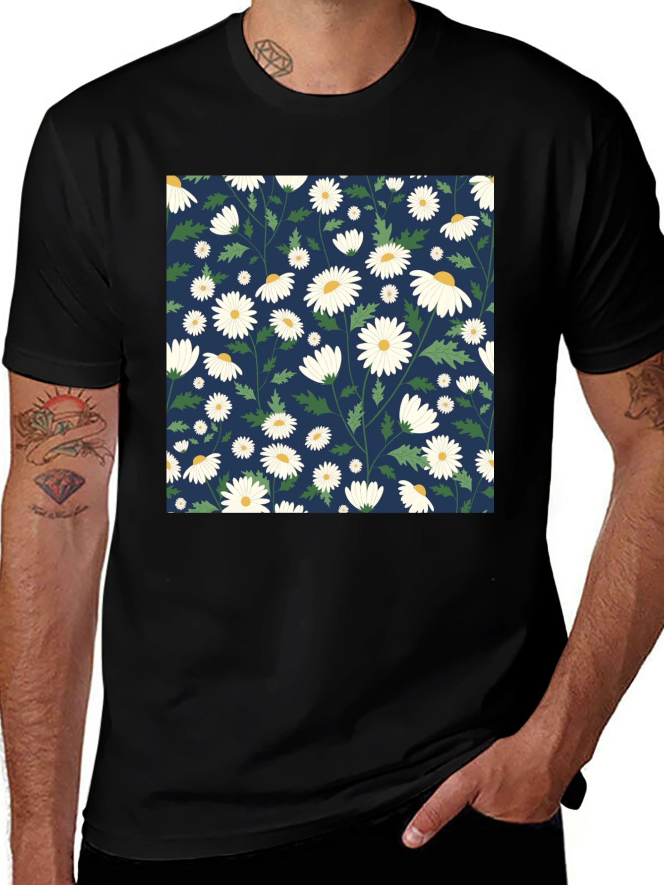 Daisy Pattern Black T-Shirt