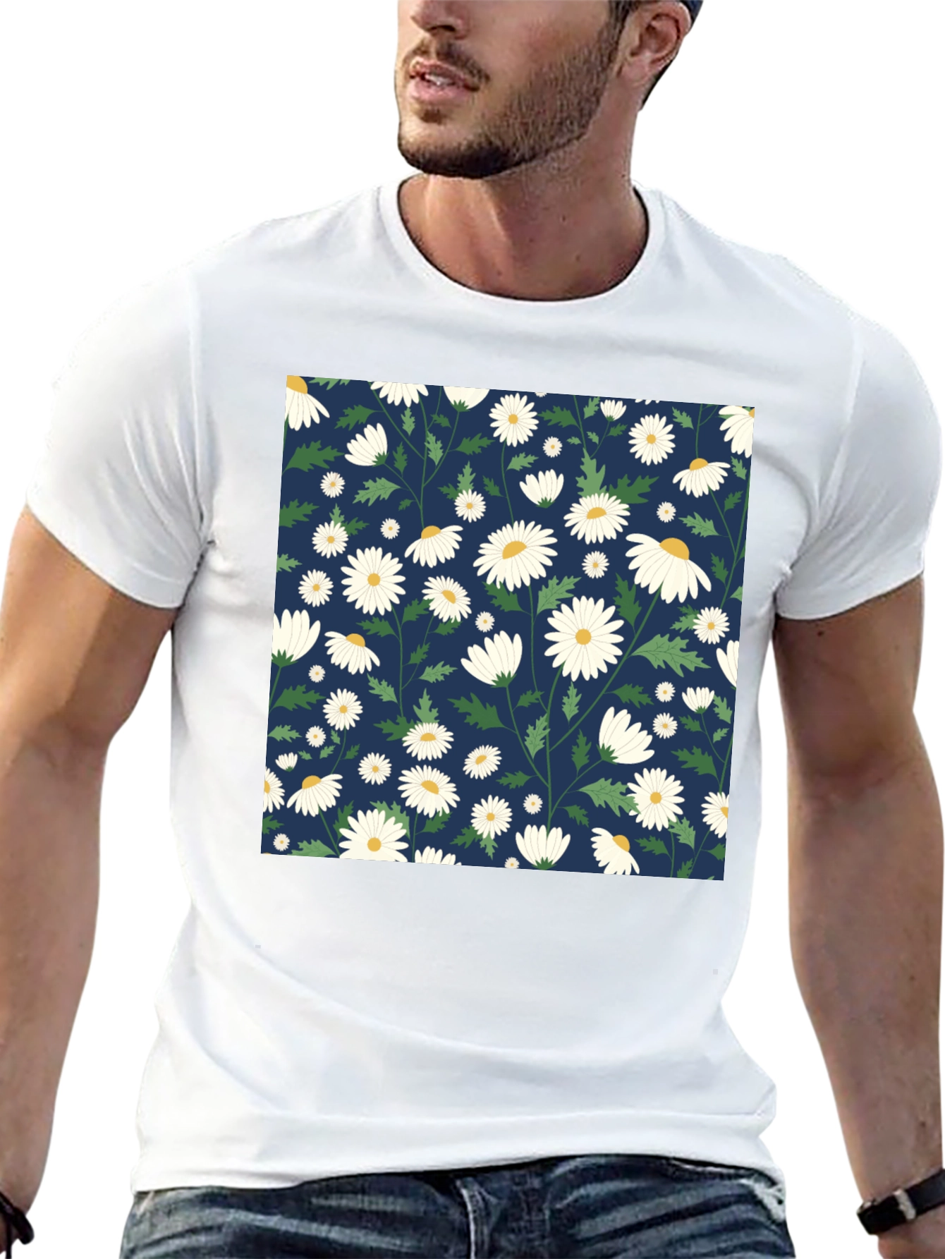 Daisy Pattern Black T-Shirt