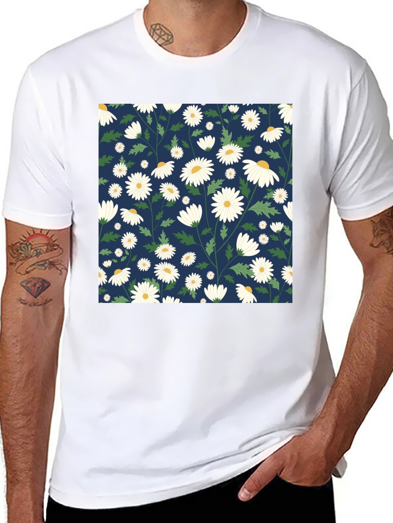 Daisy Pattern Black T-Shirt