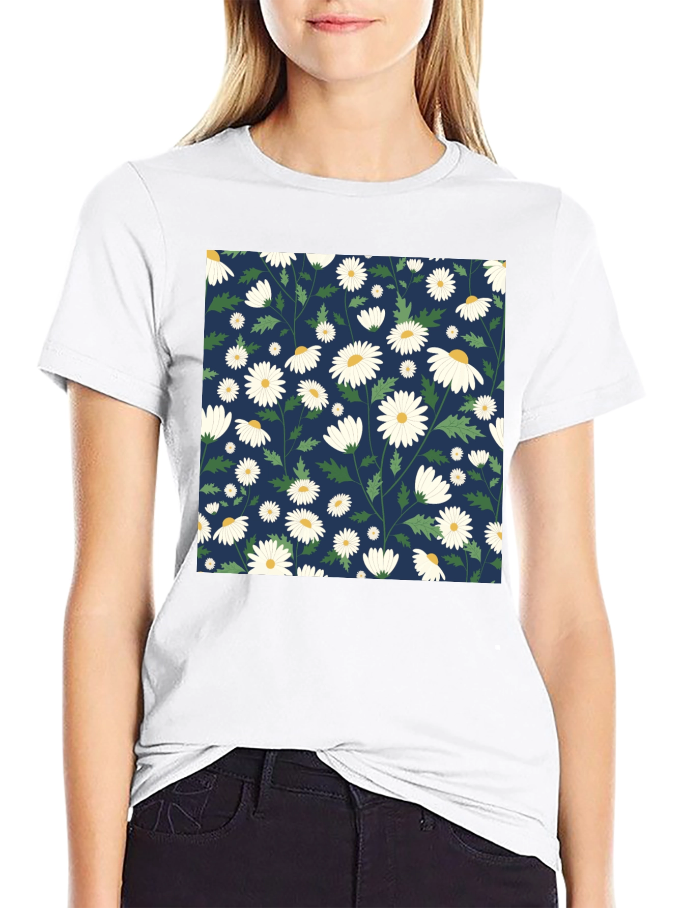 Daisy Pattern Black T-Shirt