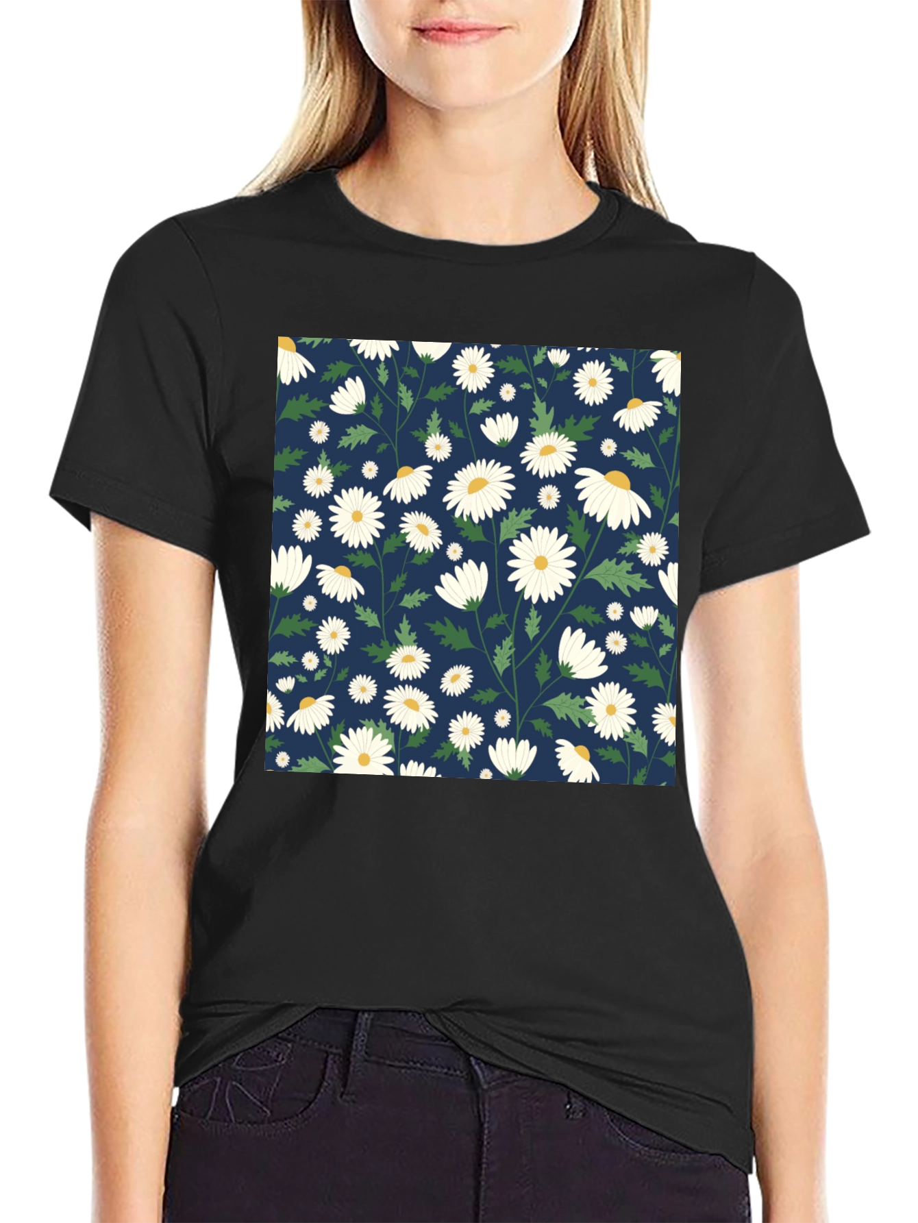 Daisy Pattern Black T-Shirt