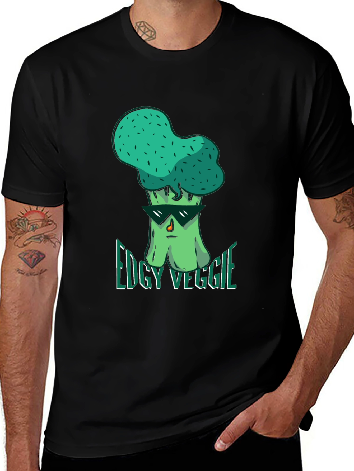Edgy Veggie Graphic T-Shirt - Black Crew Neck