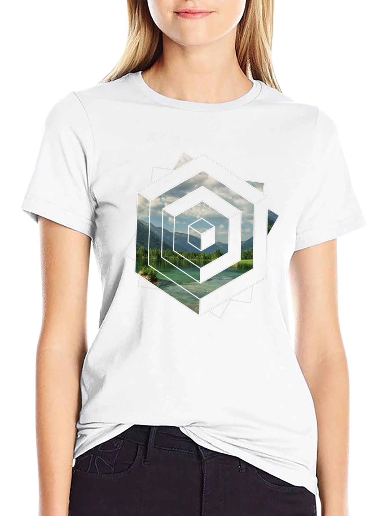 Abstract Geometric Lake Scene Graphic T-Shirt