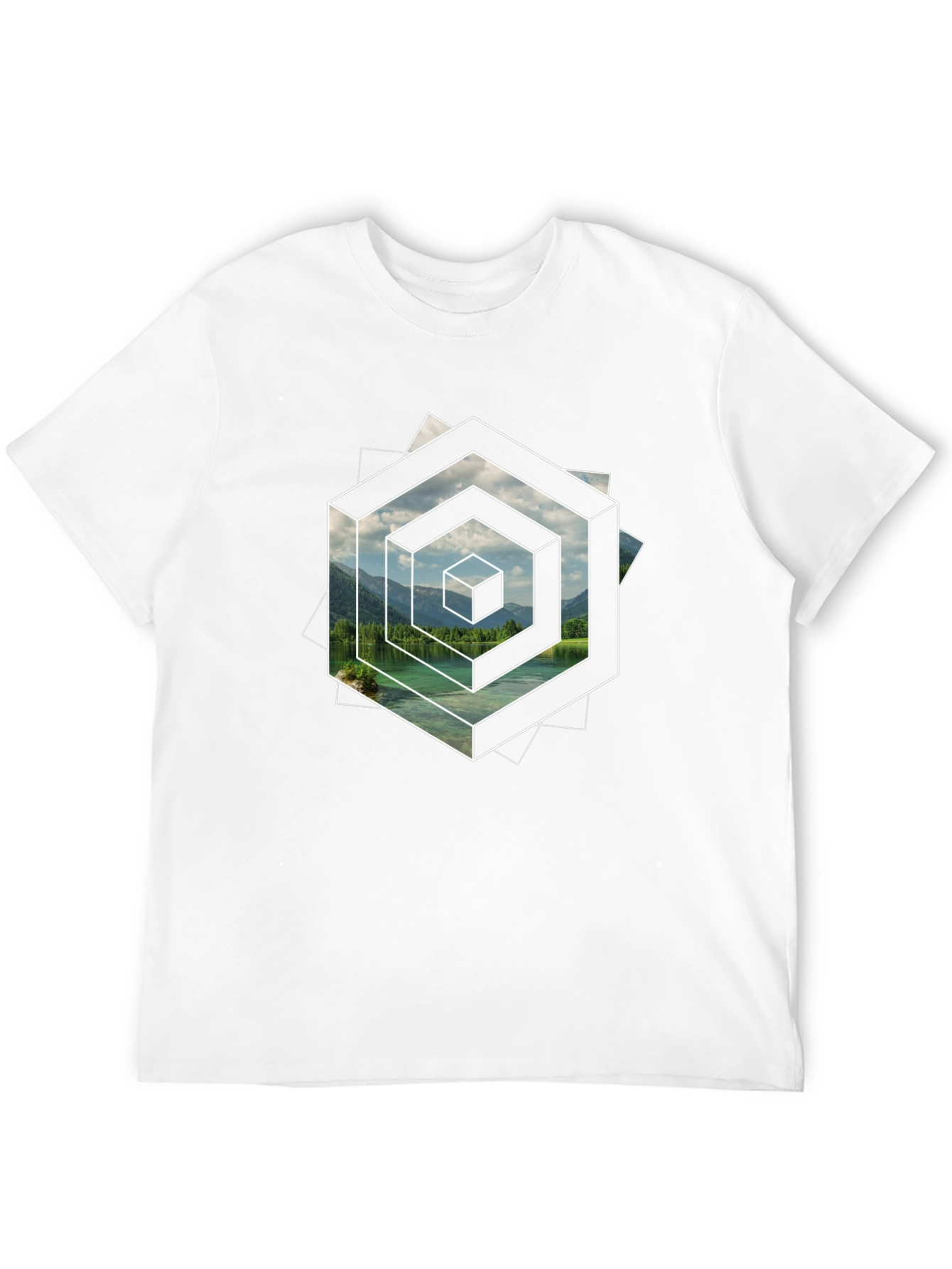 Abstract Geometric Lake Scene Graphic T-Shirt