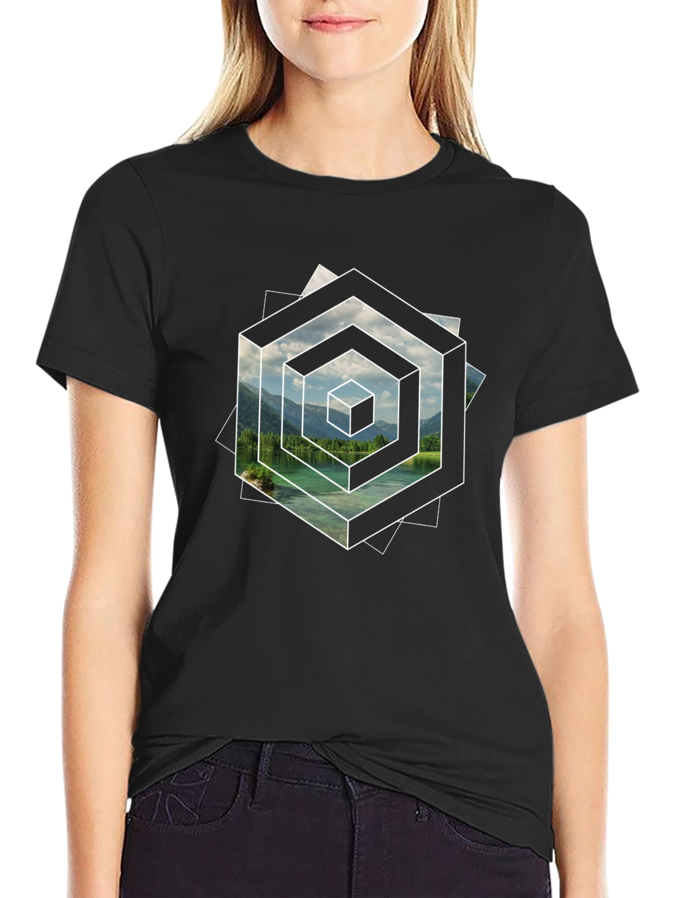 Abstract Geometric Lake Scene Graphic T-Shirt