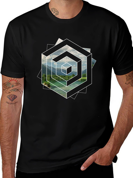 Abstract Geometric Lake Scene Graphic T-Shirt