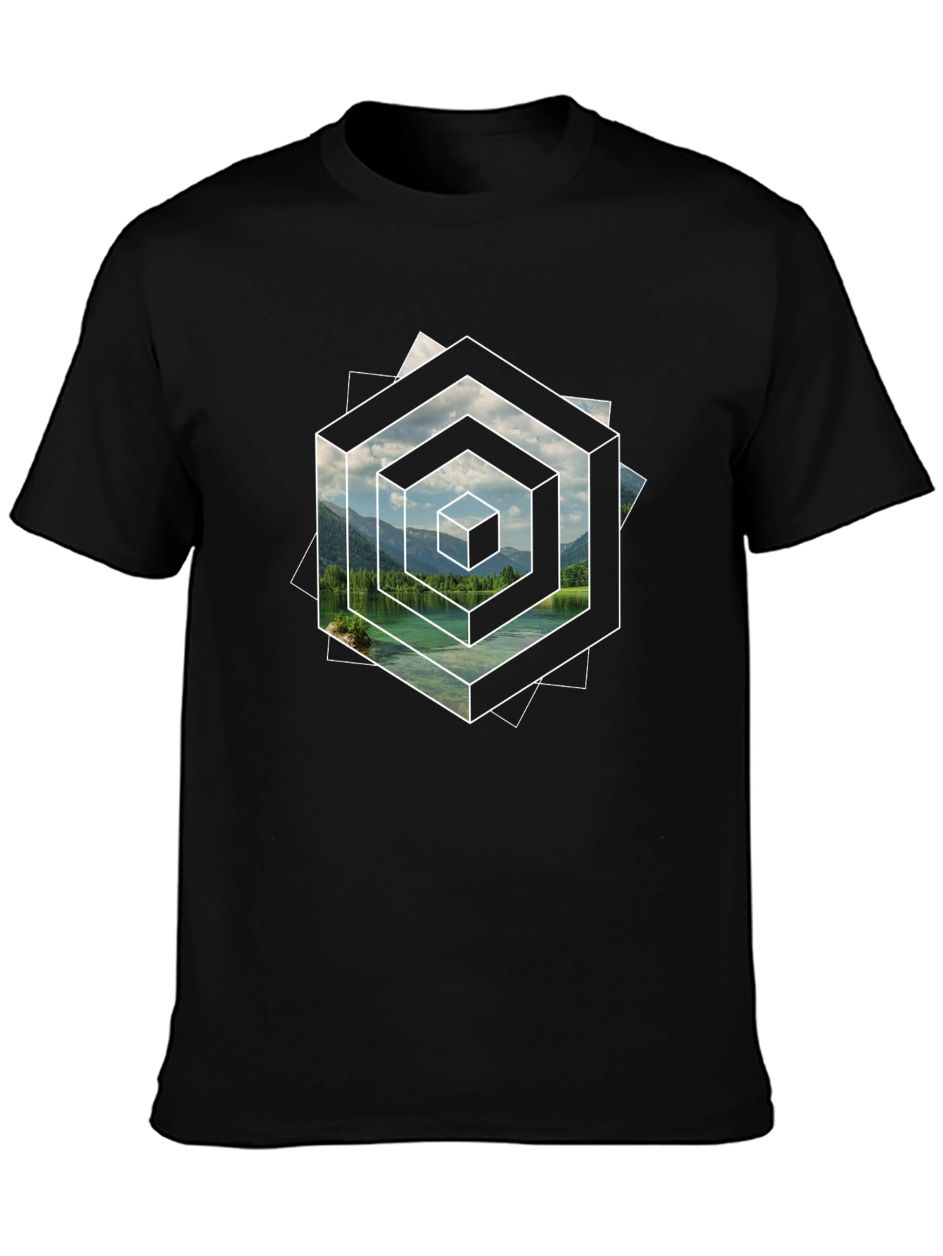 Abstract Geometric Lake Scene Graphic T-Shirt