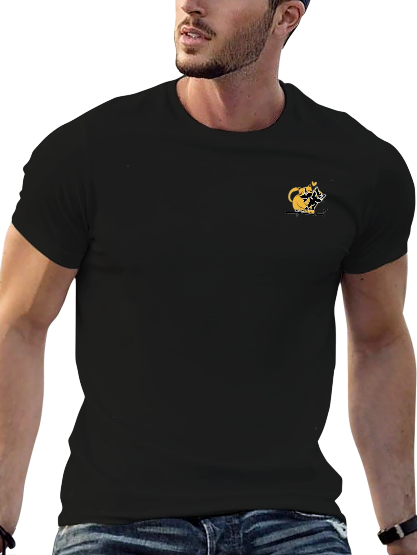 Black Tee with Cute Cats Graphic