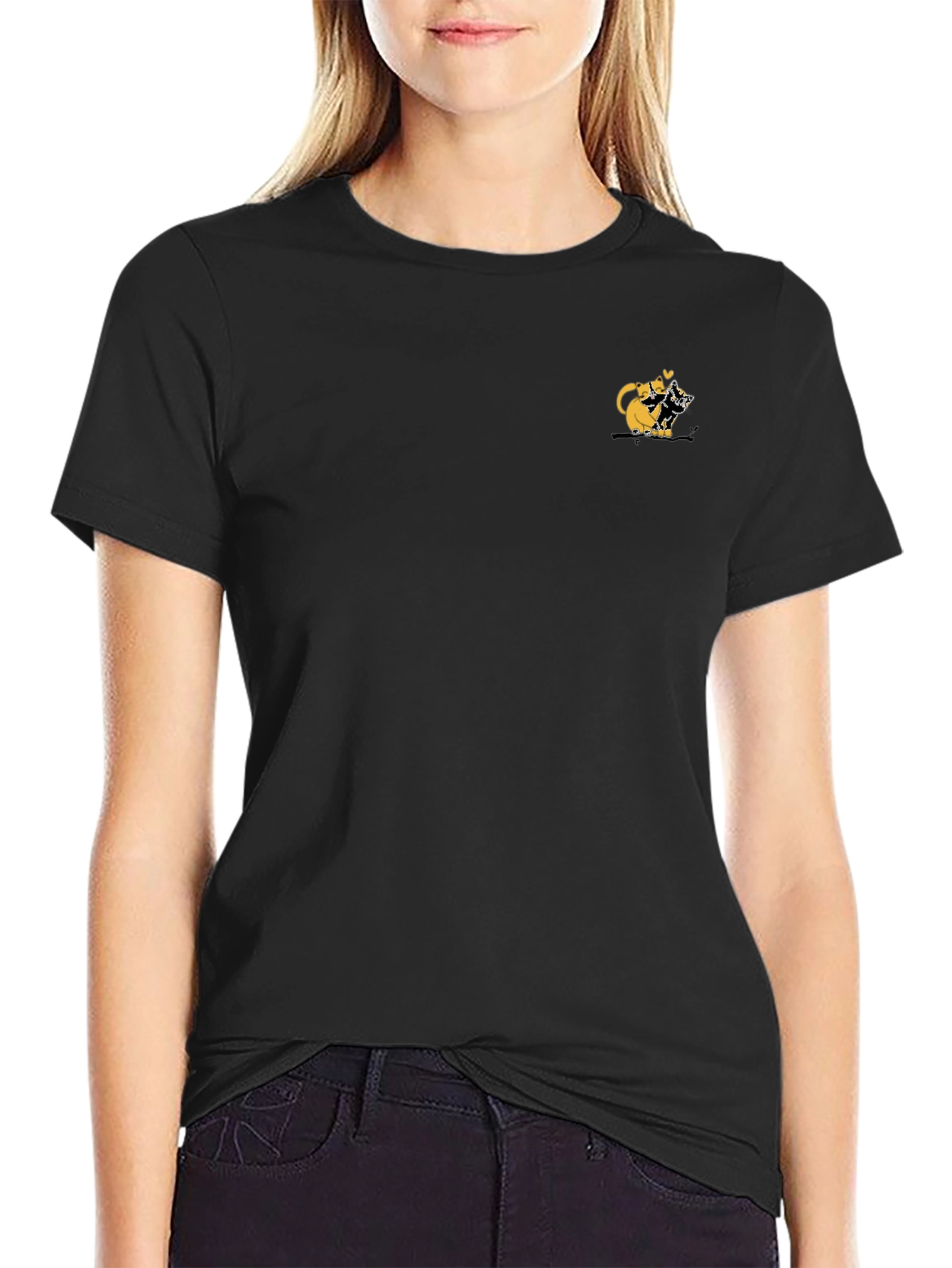 Black Tee with Cute Cats Graphic