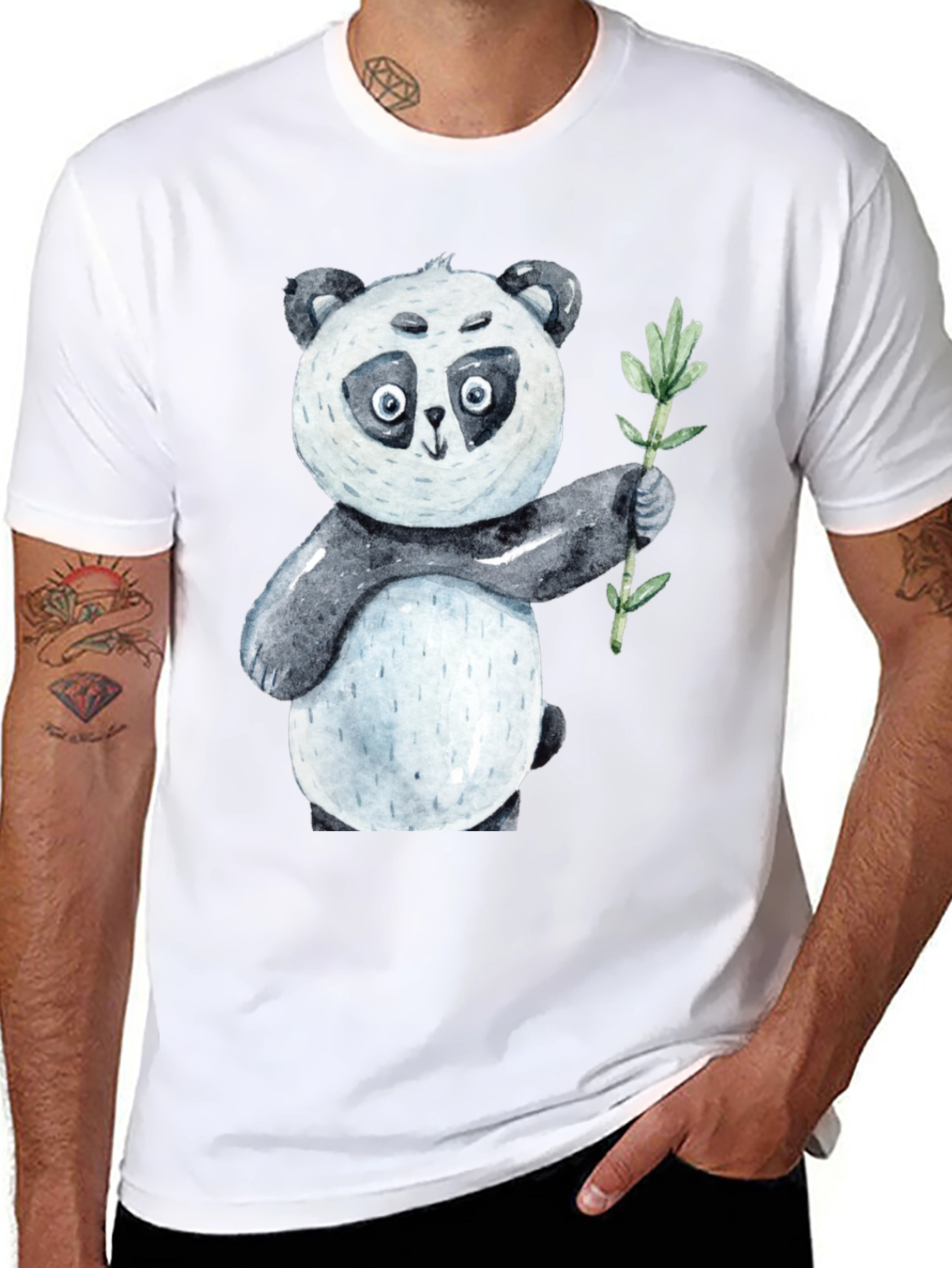 Cute Panda Bear Holding Bamboo Black T-Shirt