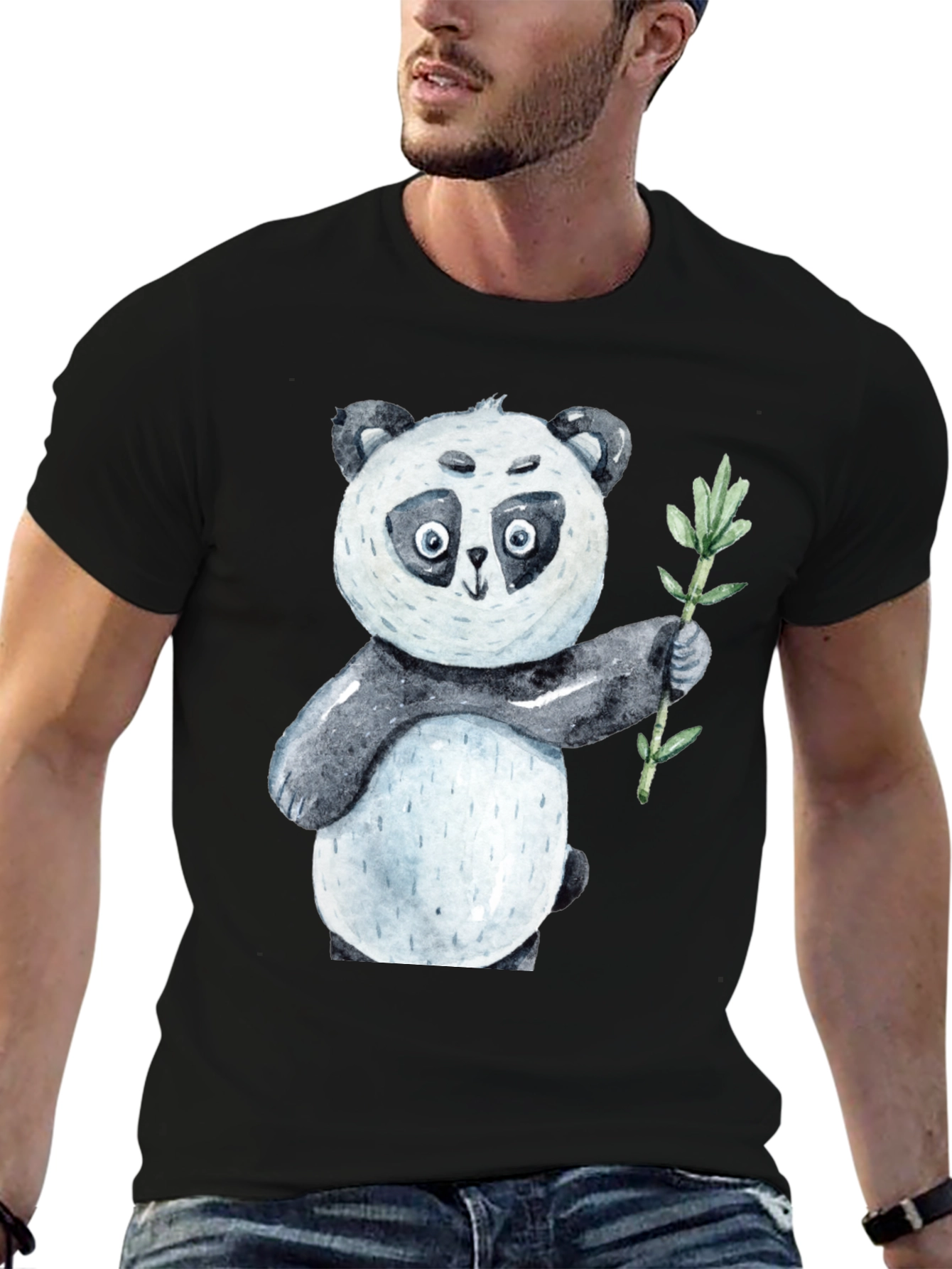 Cute Panda Bear Holding Bamboo Black T-Shirt