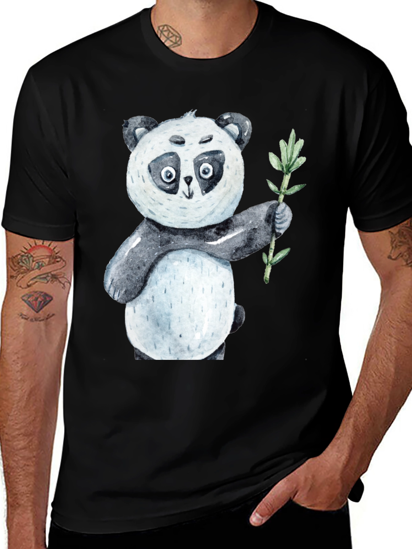Cute Panda Bear Holding Bamboo Black T-Shirt