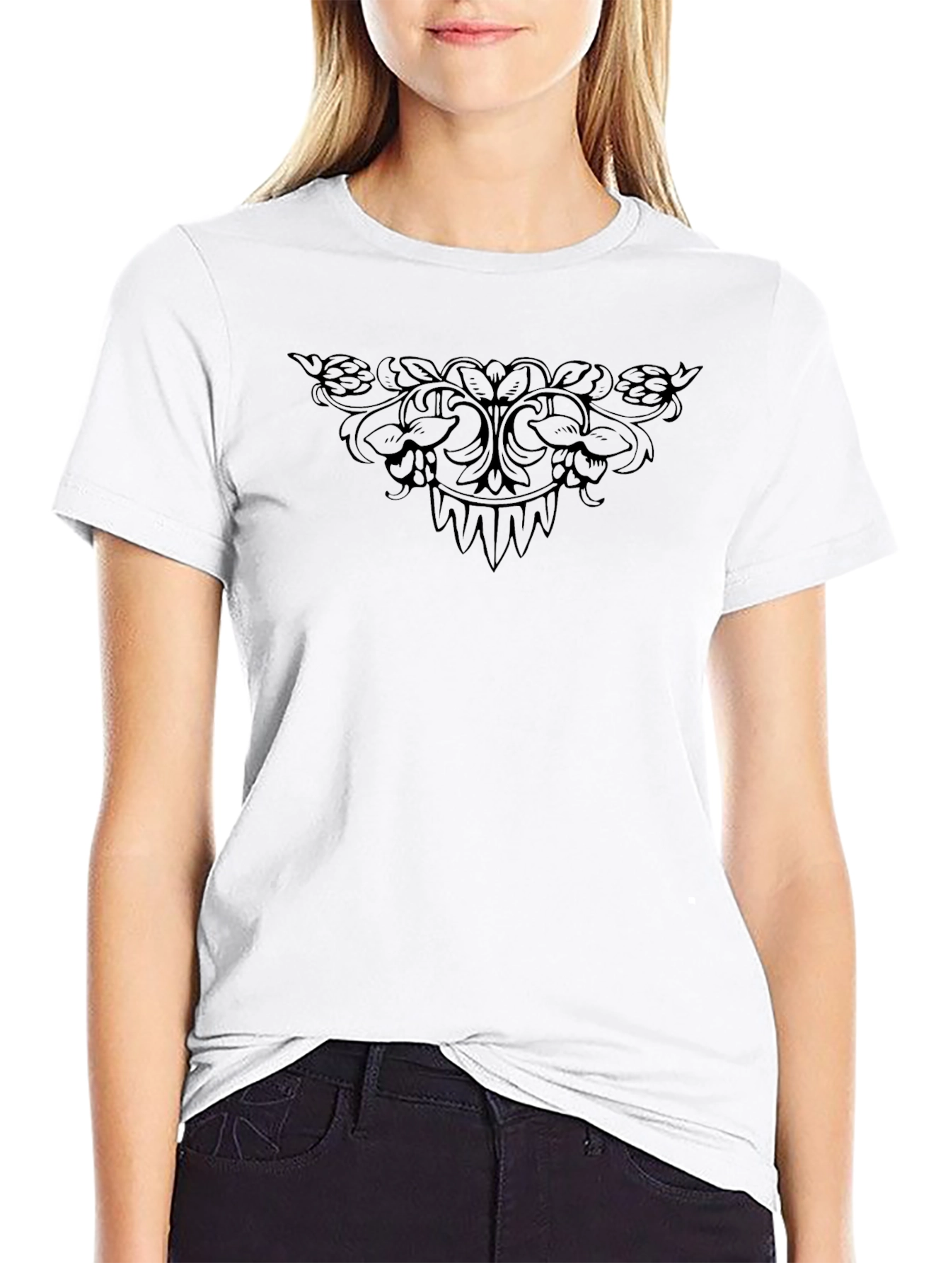 Elegant Black T-Shirt with Detailed Floral Design