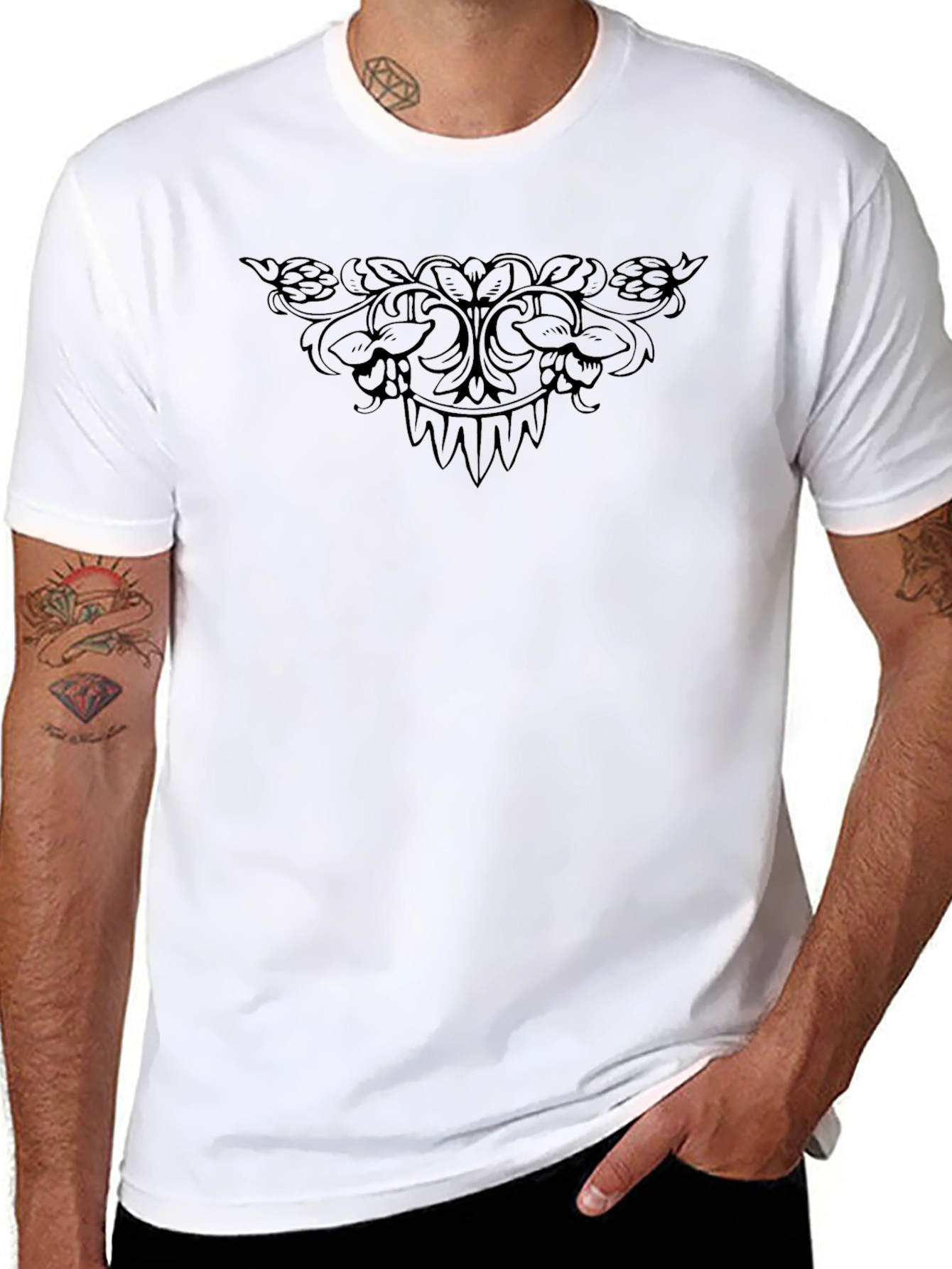 Elegant Black T-Shirt with Detailed Floral Design