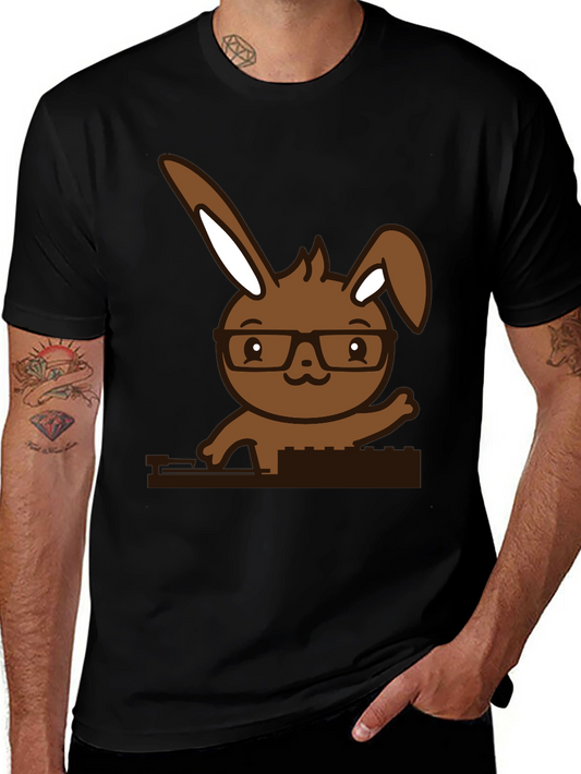 Hipster Bunny Graphic Tee - Black Cotton Blend
