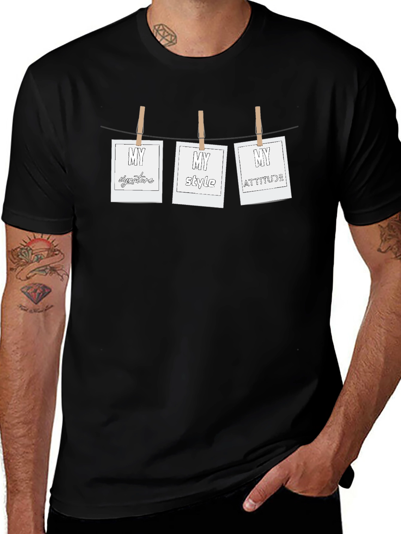 Mens Black T-Shirt with Hanging My Photo Prints
