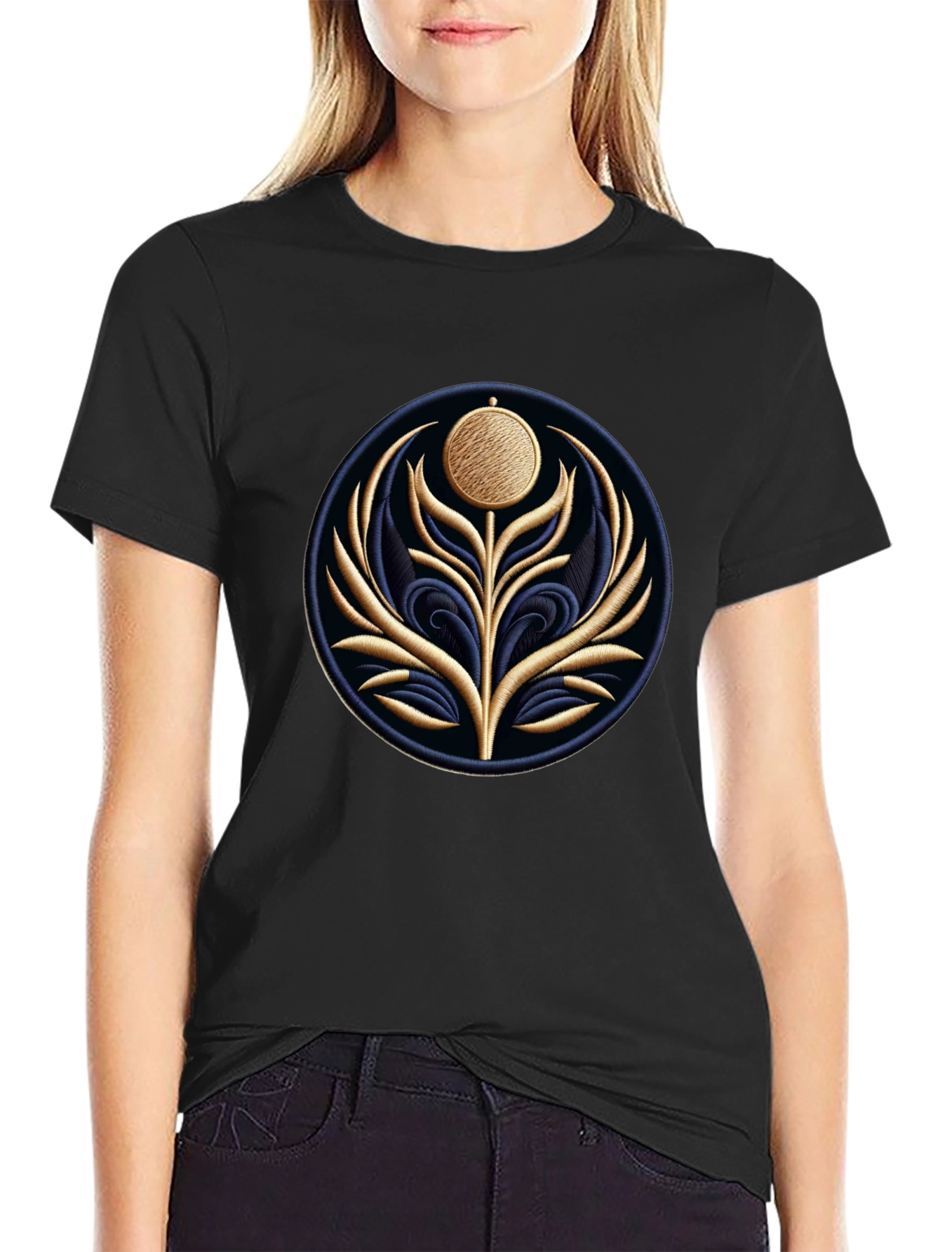 Embroidered Floral Medallion Black T-Shirt