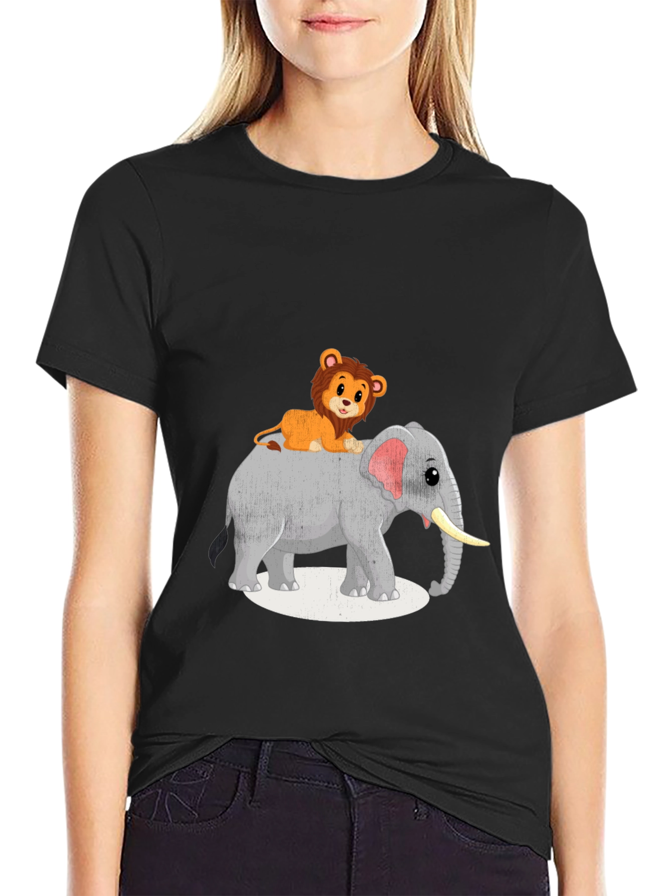 Lion Riding Elephant Graphic T-Shirt - Black
