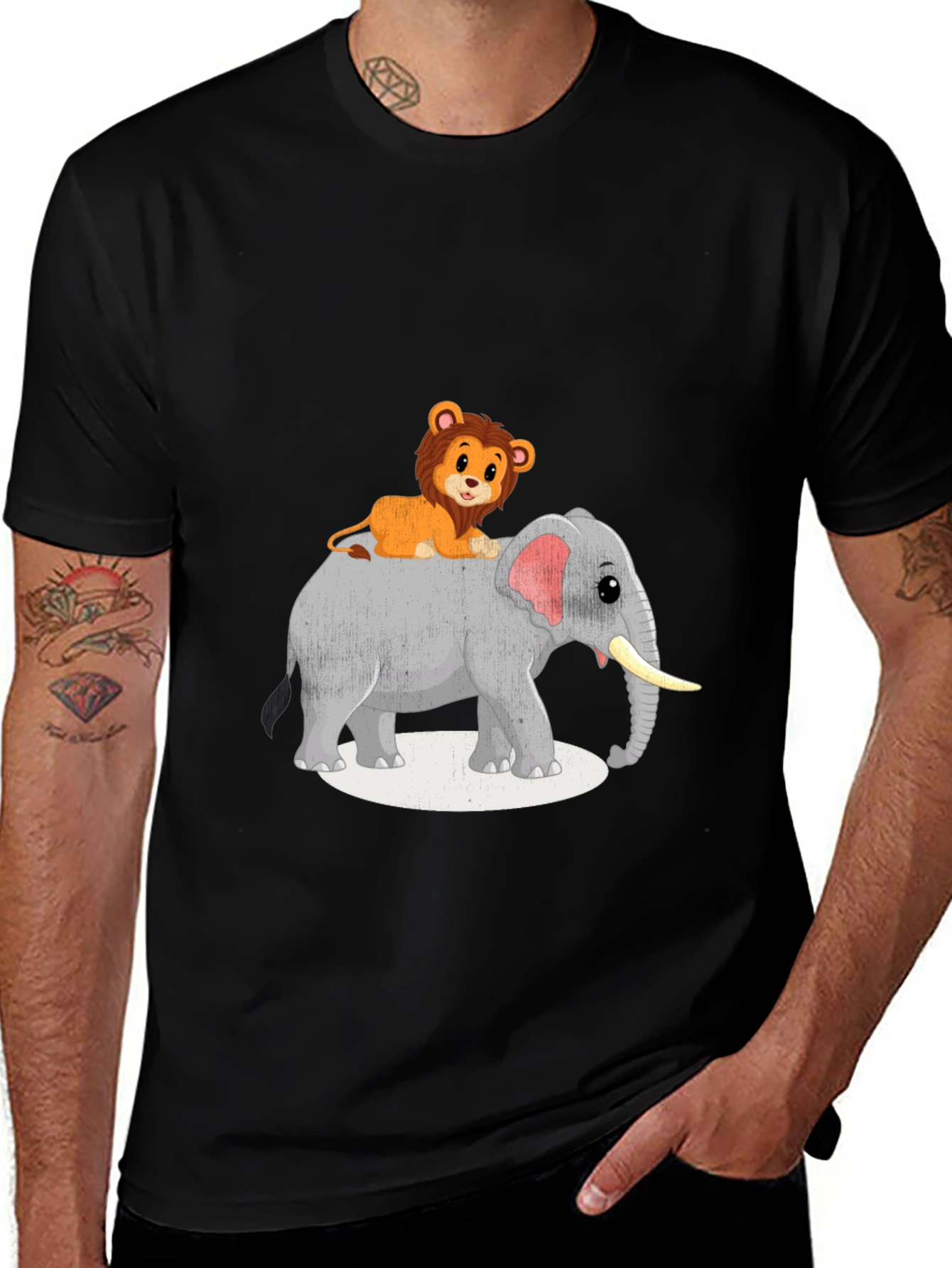 Lion Riding Elephant Graphic T-Shirt - Black