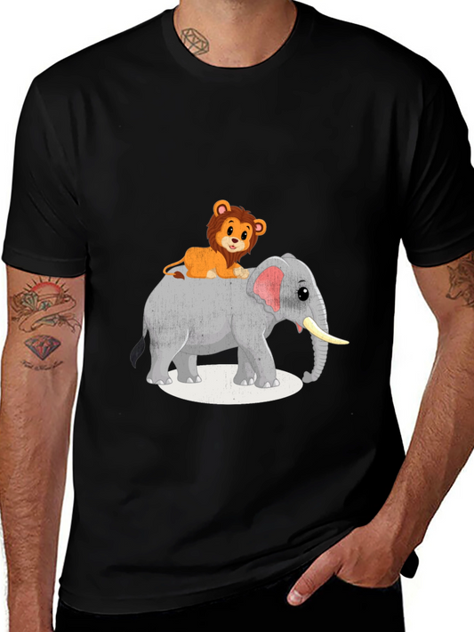 Lion Riding Elephant Graphic T-Shirt - Black