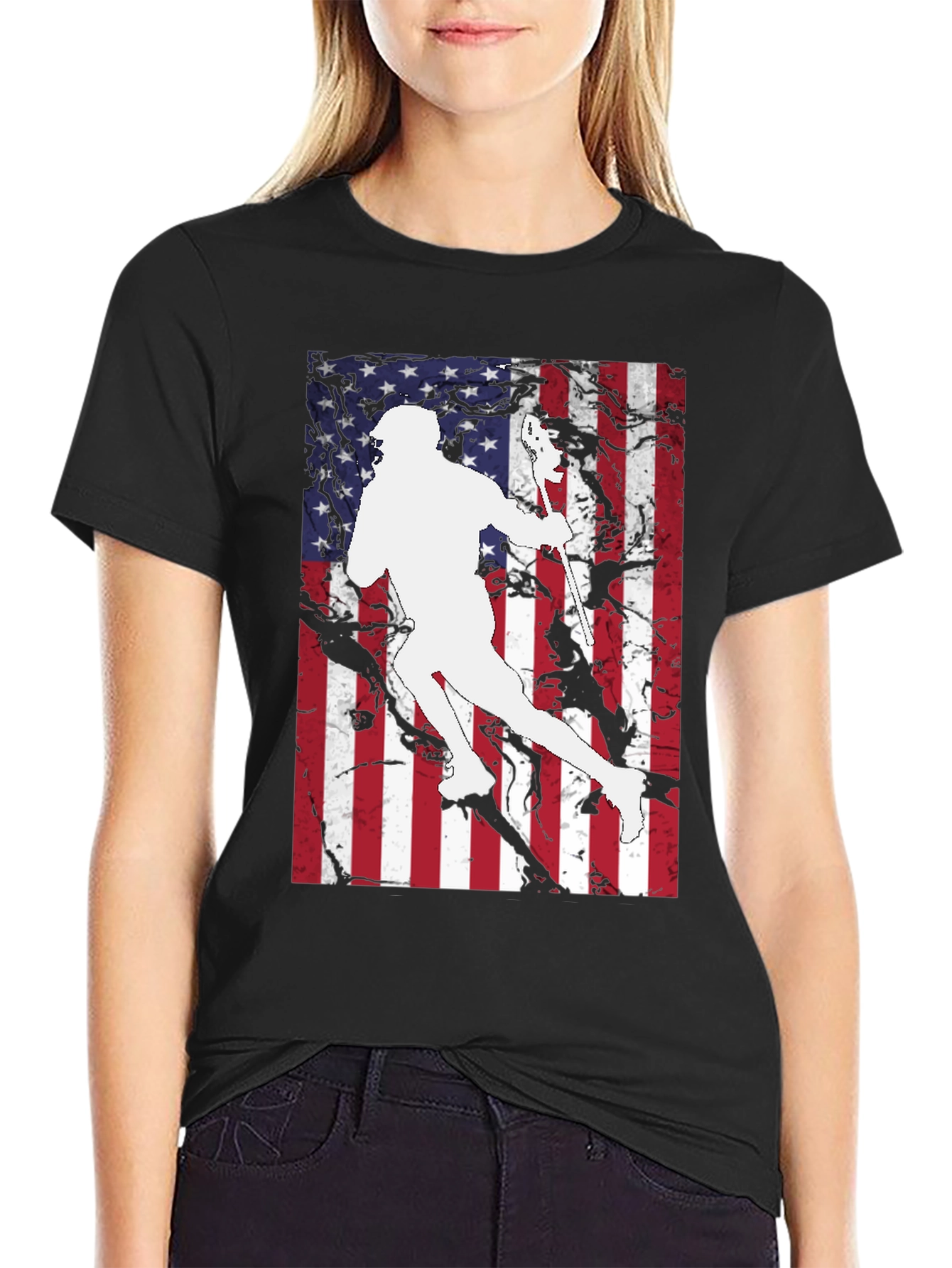 Lacrosse Player USA Flag Graphic T-Shirt