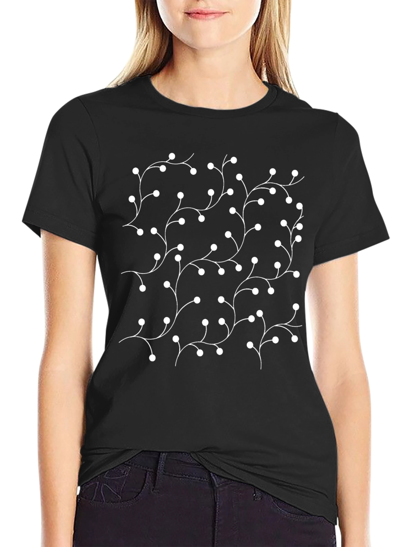 Mens Black Tee with White Floral Vine Pattern