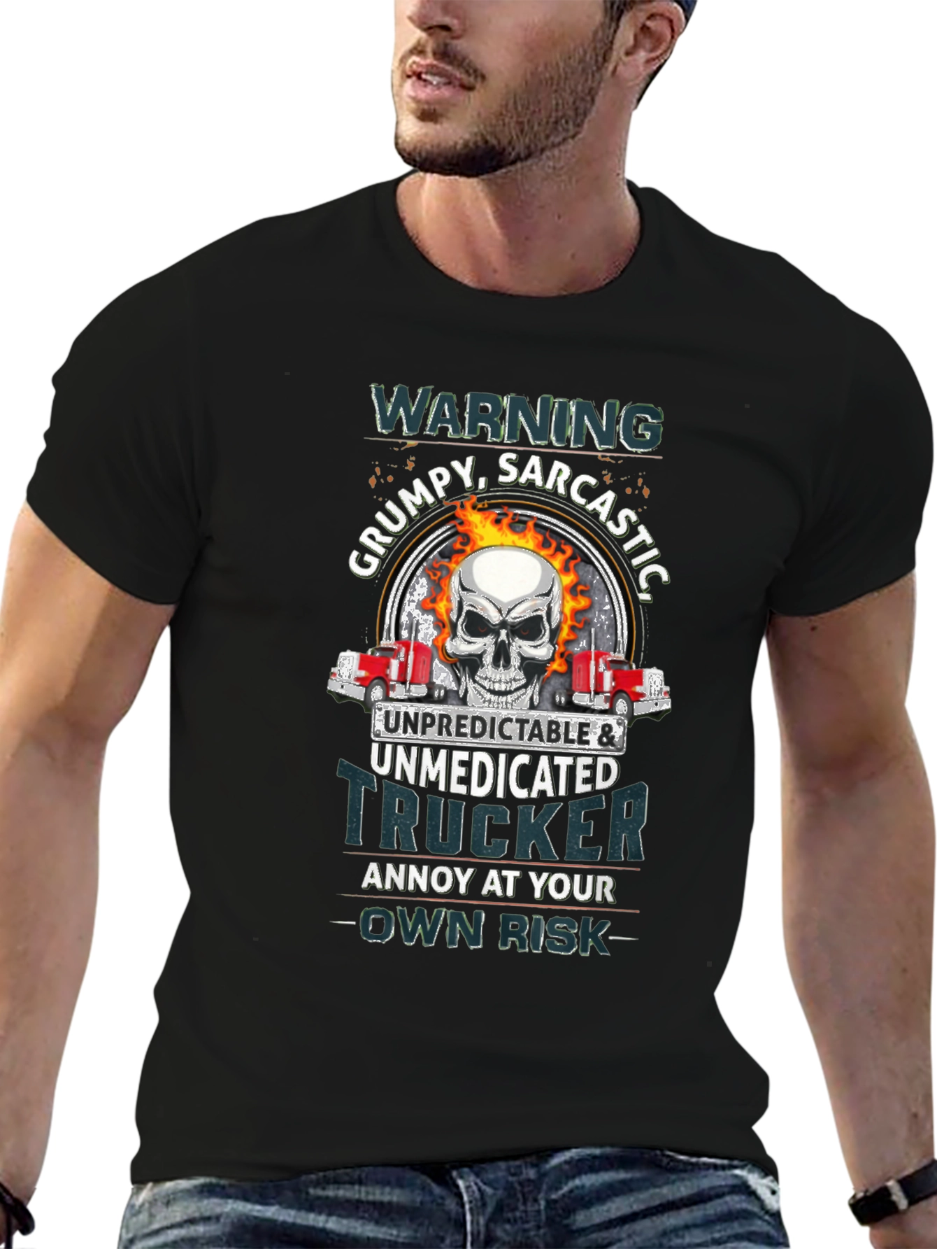 Grumpy Trucker Skull Graphic T-Shirt