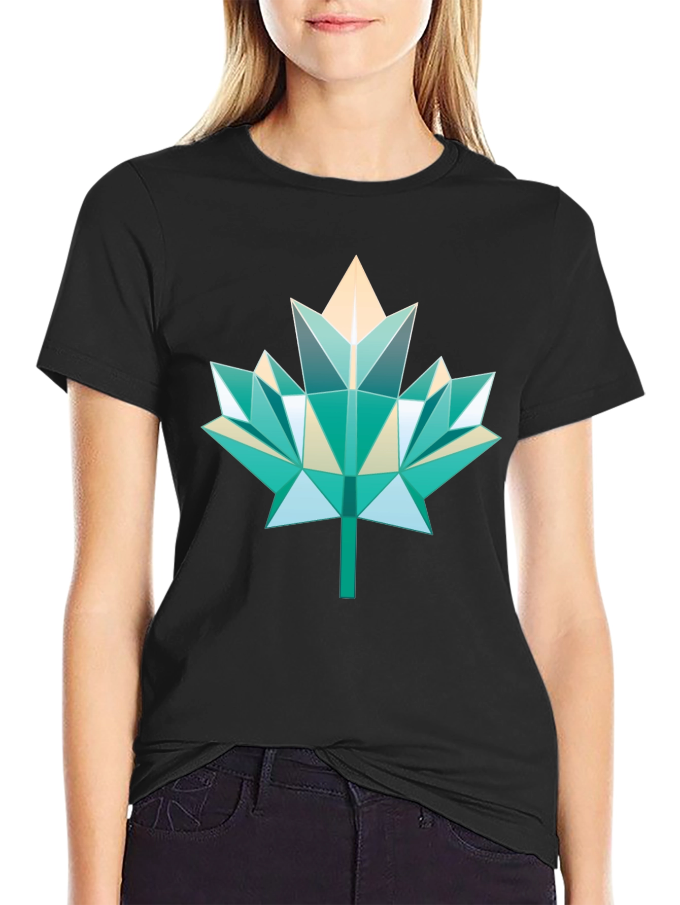 Geometric Maple Leaf Black Tee