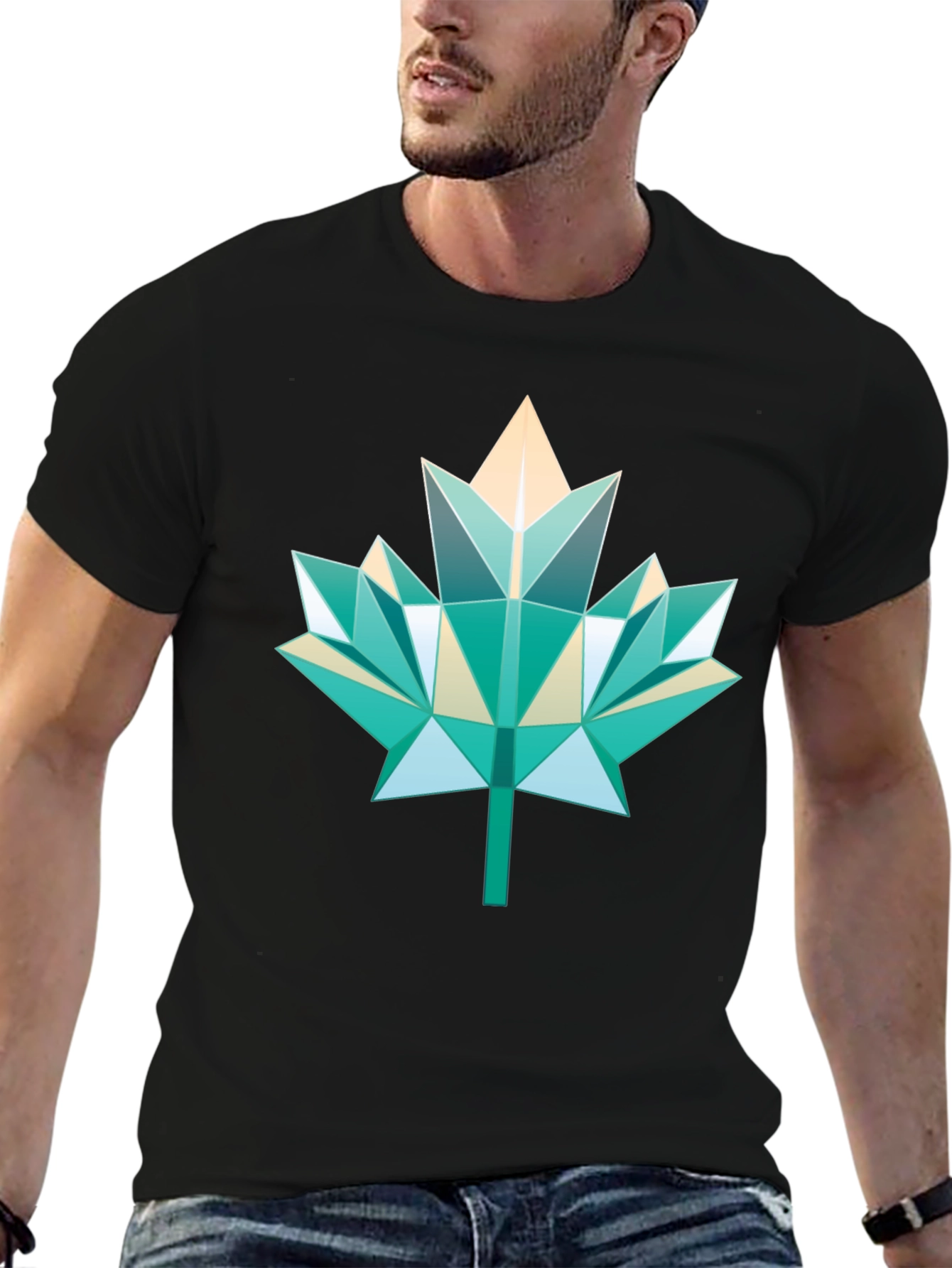 Geometric Maple Leaf Black Tee