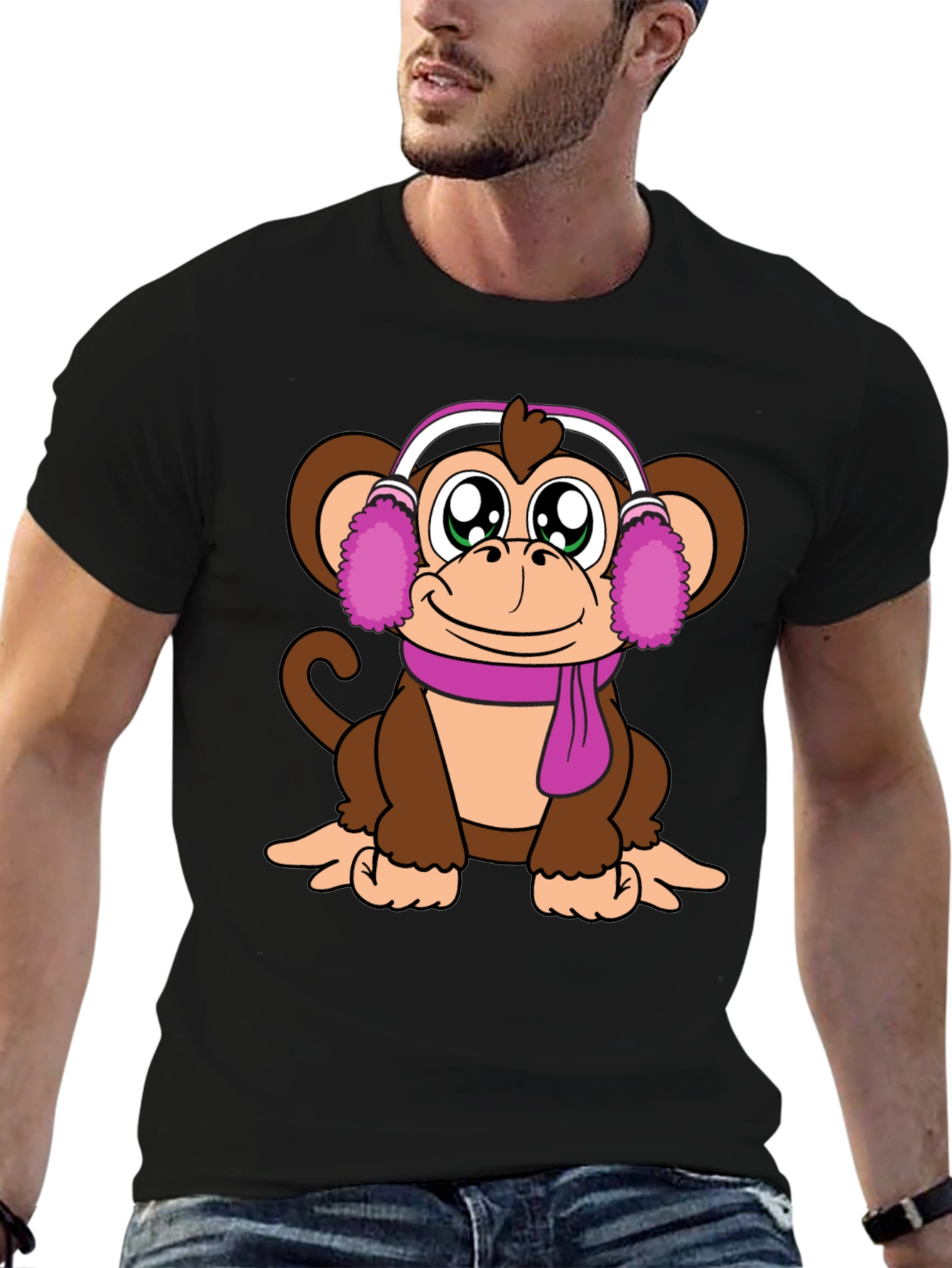 Cute Monkey with Earmuffs Graphic Tee