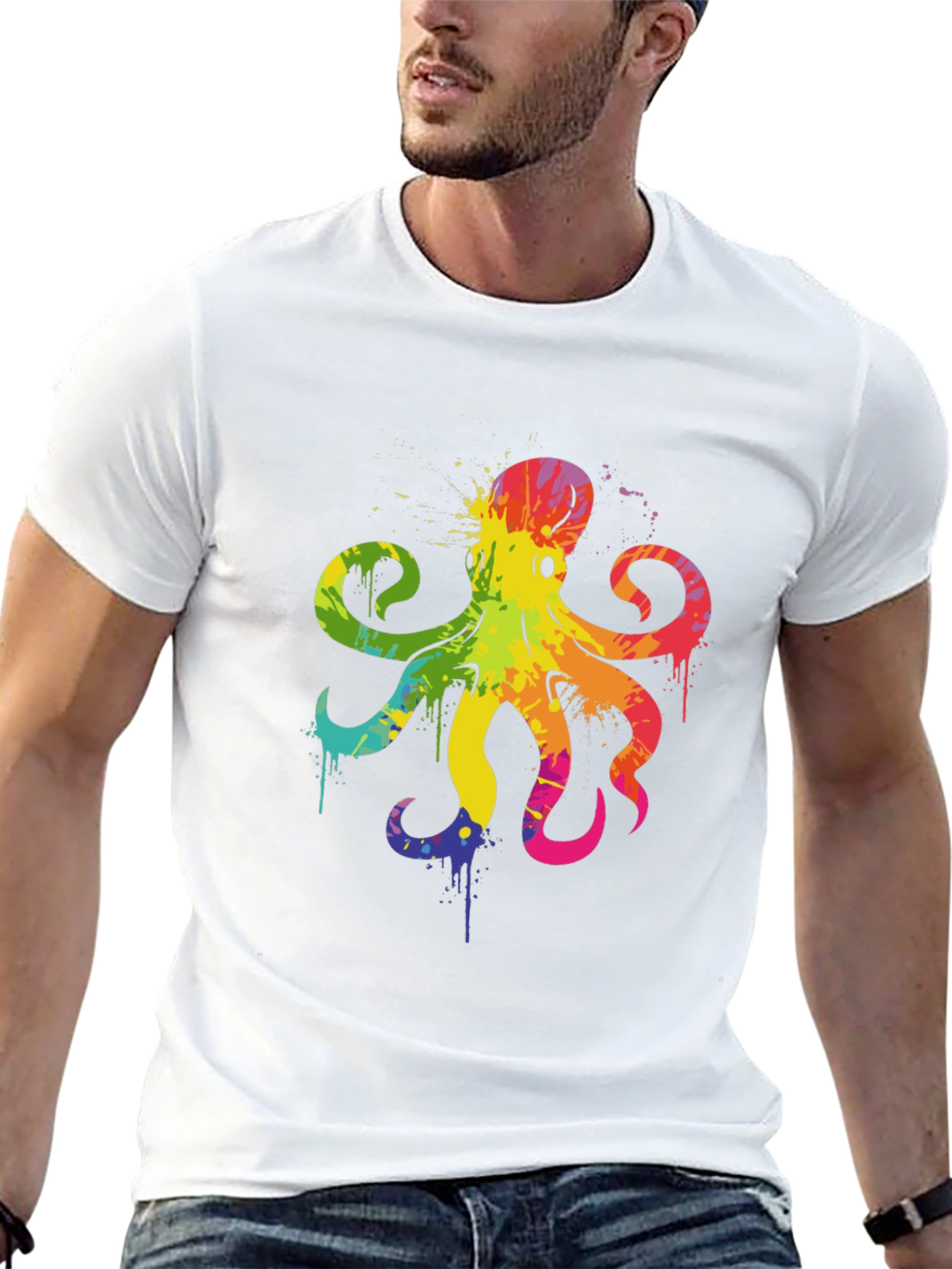 Rainbow Octopus Graphic T-Shirt - Mens Black Tee