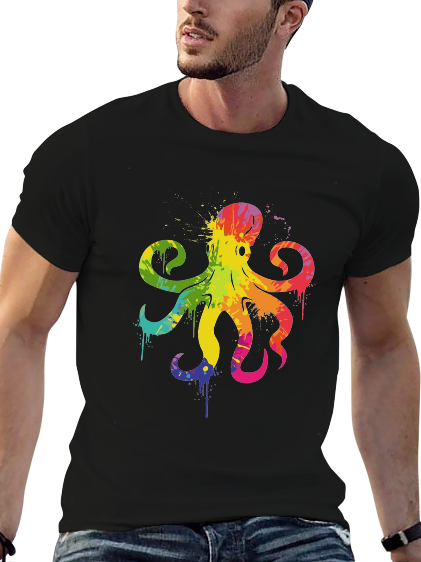 Rainbow Octopus Graphic T-Shirt - Mens Black Tee