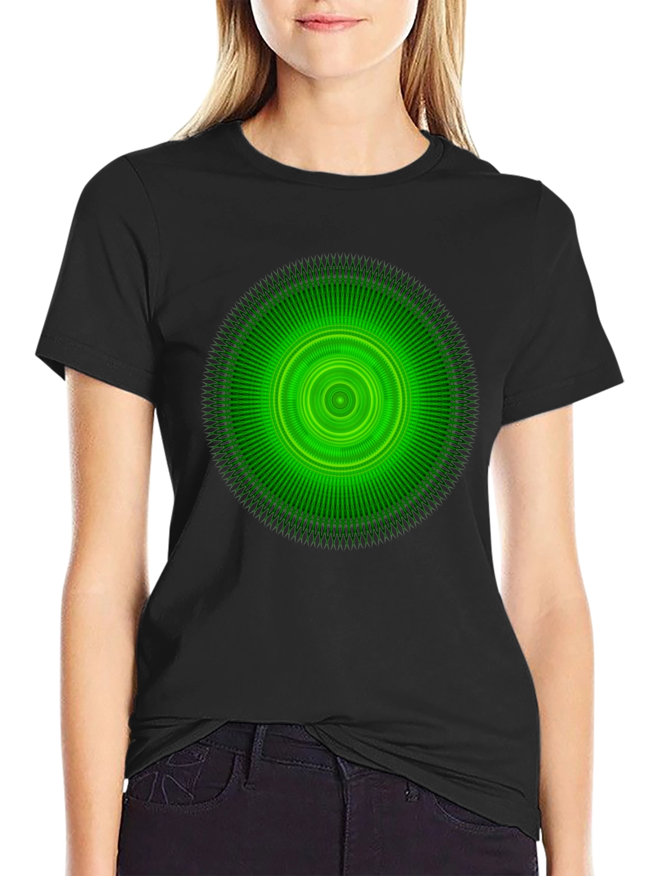 Green Circular Graphic Black T-Shirt
